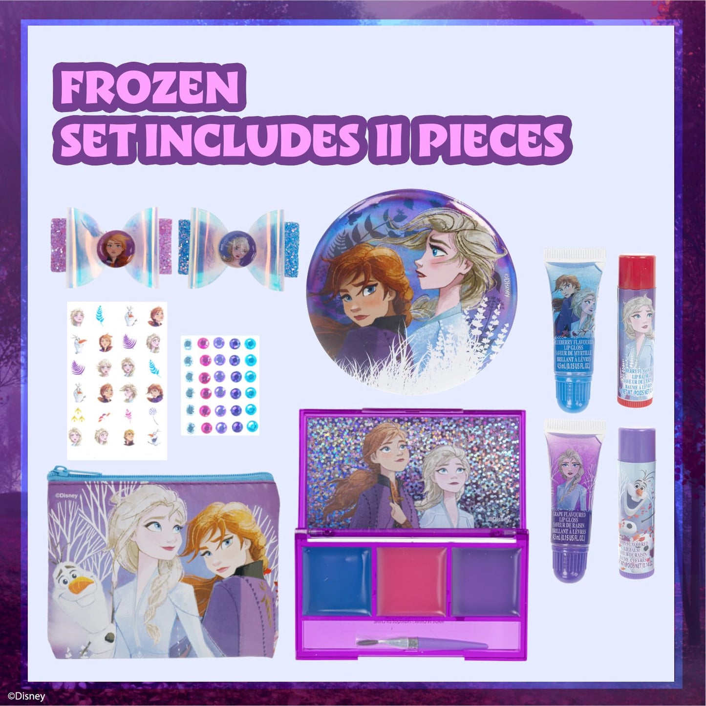 Disney Frozen Super Sparkly Kids Makeup Set for Girls with Clips, Lip Gloss, Nail Stickers, Lip Balm, Nail Gems, Mirror, Elsa and Anna Themed Purse, by Townley Girl ﻿