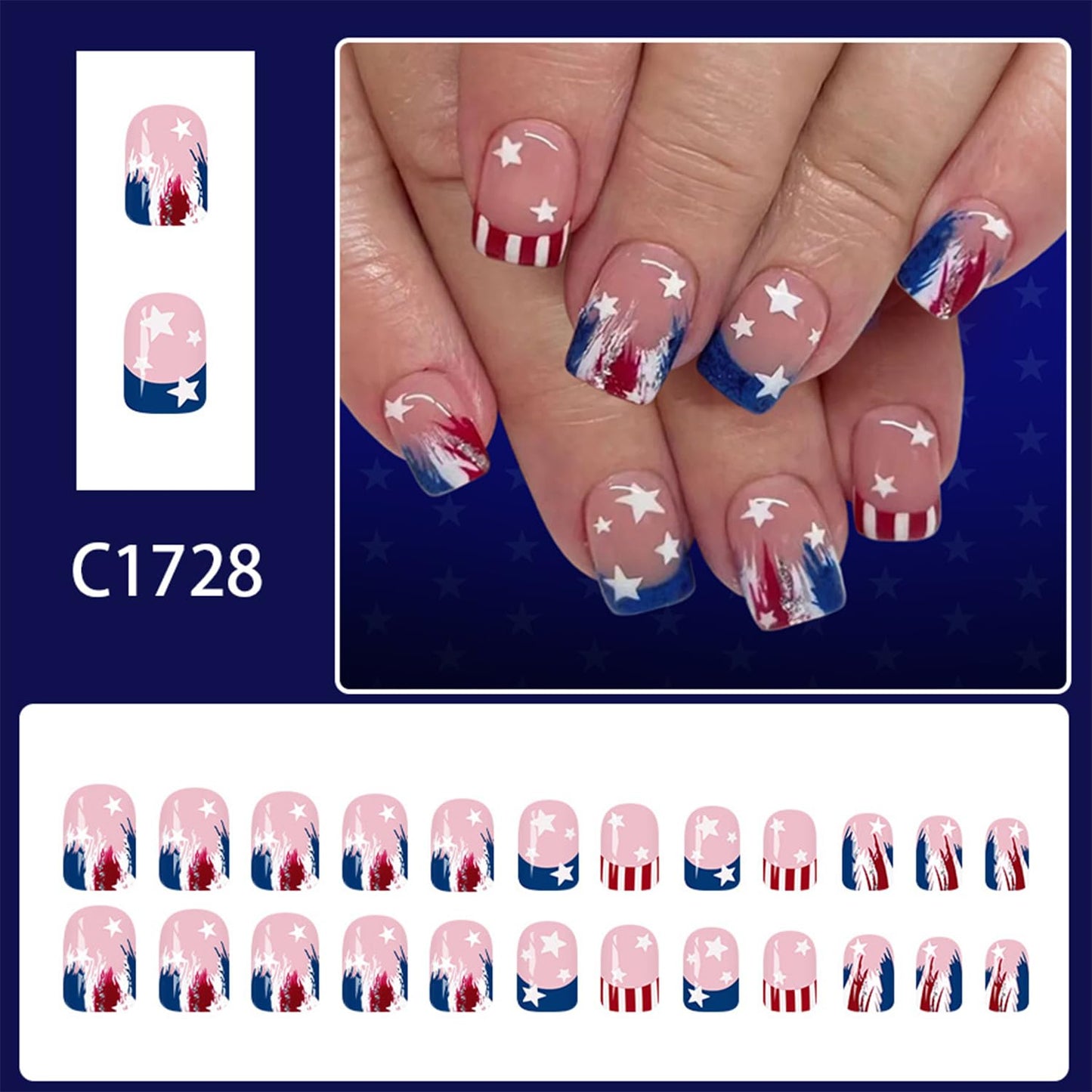 Nude Pink Independence Day Press on Nails Short Square French False Nail Red Blue White Lines with Stars Fake Nails Reusable 4th of July Press Ons Artificial Fingernails for Women Festival Manicure