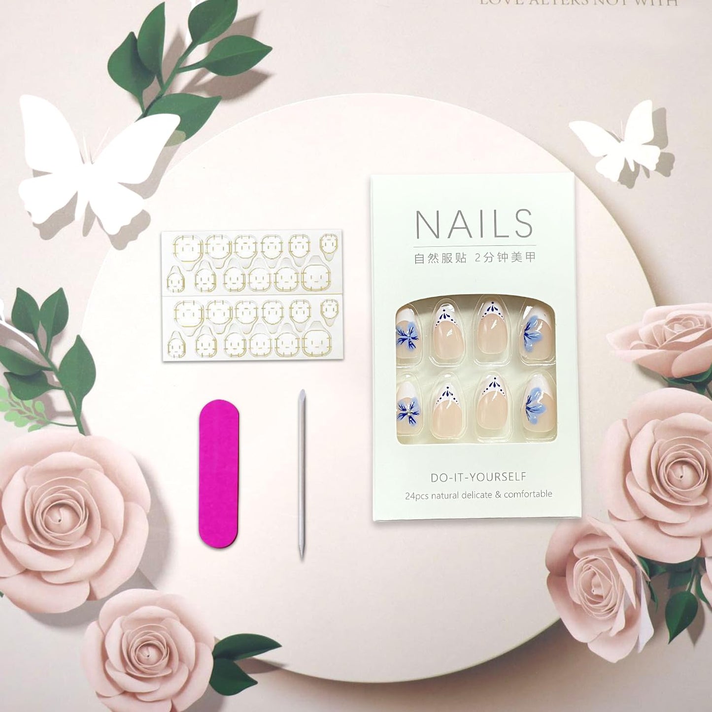 3D Flower Lemon Press on Nails White French Tip Fake Nails Short Oval Acrylic Glue on Nail Glossy Full Cover Artificial Stick on Nail for Women DIY Manicure
