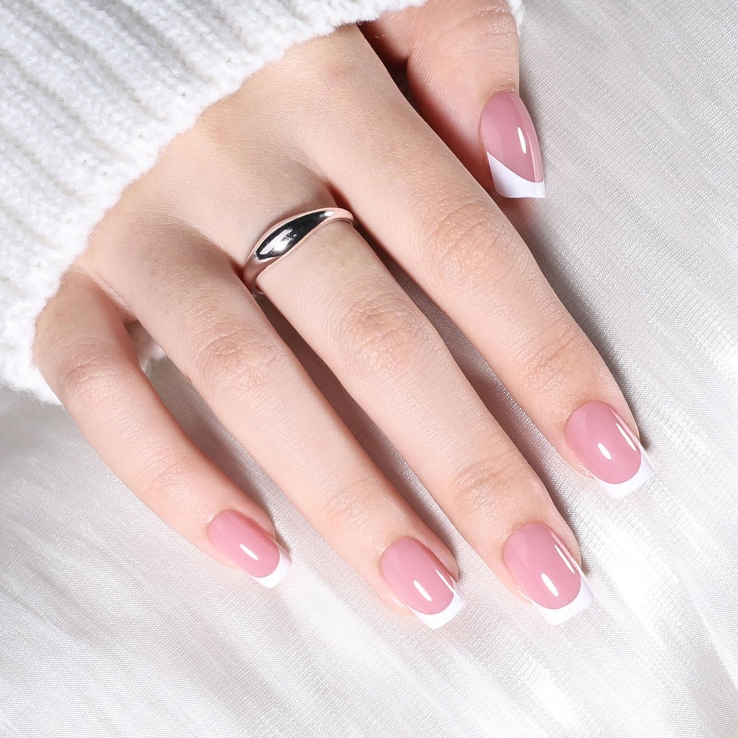 White French Tip Press On Nails - Pink Short Square Fake Nails, Square White Press On Nails Reusable Stick On Nails in 16 Sizes, 32pcs False Nail Kit for Women & Girls (Pink White French)