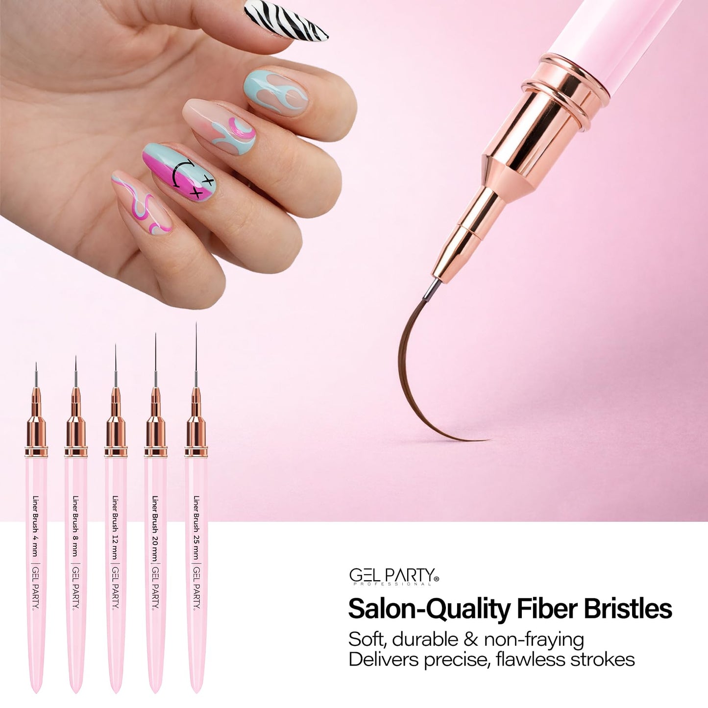 GELPARTY 7Pcs Light Pink Nail Art Brush Set - Professional Ultra-Fine Liner & Detail Brushes for Gel Polish & Acrylic Nails - Includes Turquoise Agate Palette & Holder - Manicure Tool Kit