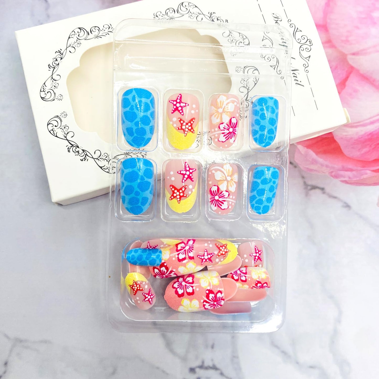 Summer Ocean Press on Nails French Tip Medium Almond False Nails with Starfish Flower Design Full Cover Glue on Nail Summer Reusable Acrylic Fake Nails Glossy Artificial Stick on Nail for Women