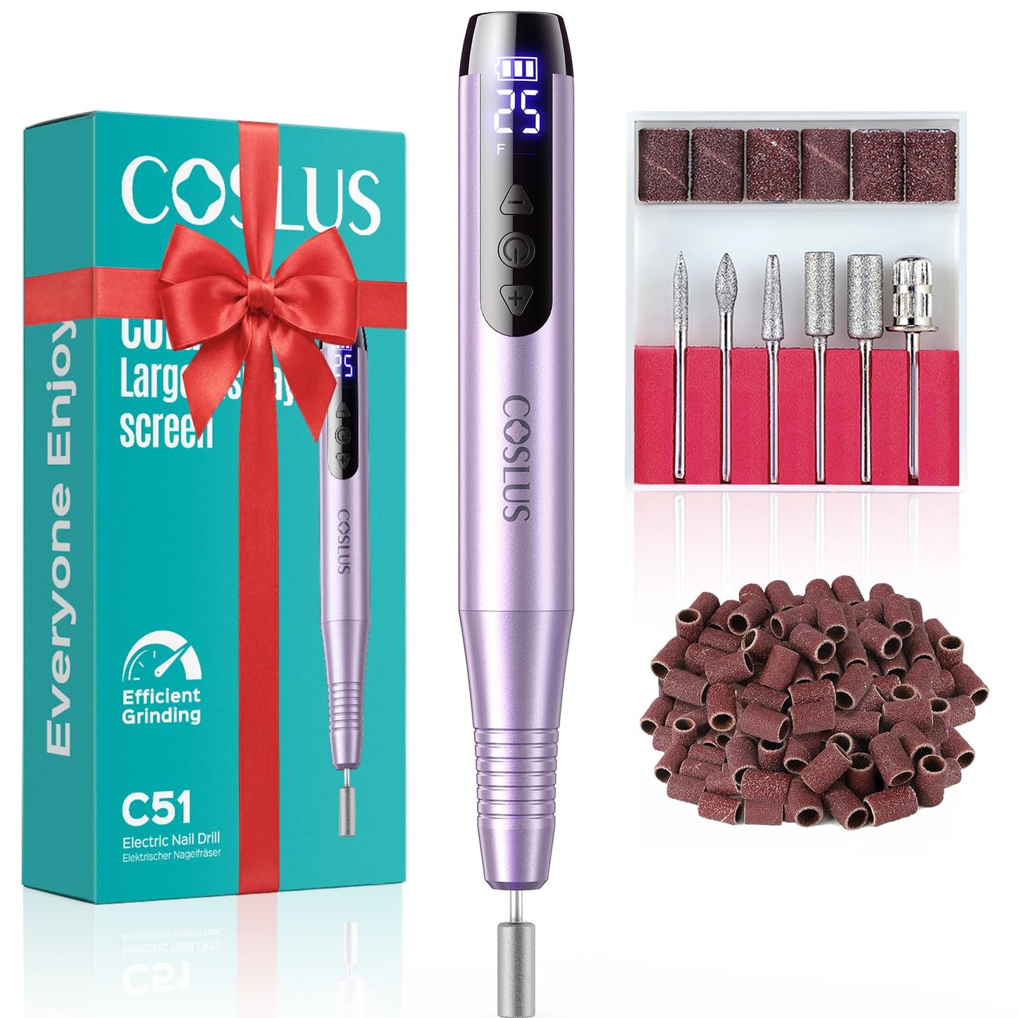 COSLUS C51 Electric Cordless Nail Drill: Professional Nail File with LED Screen & 25 Speeds for Acrylic Gel Dip Powder Removal, Beginner-Friendly for Home DIY & Salon, Portable for Travel, Purple