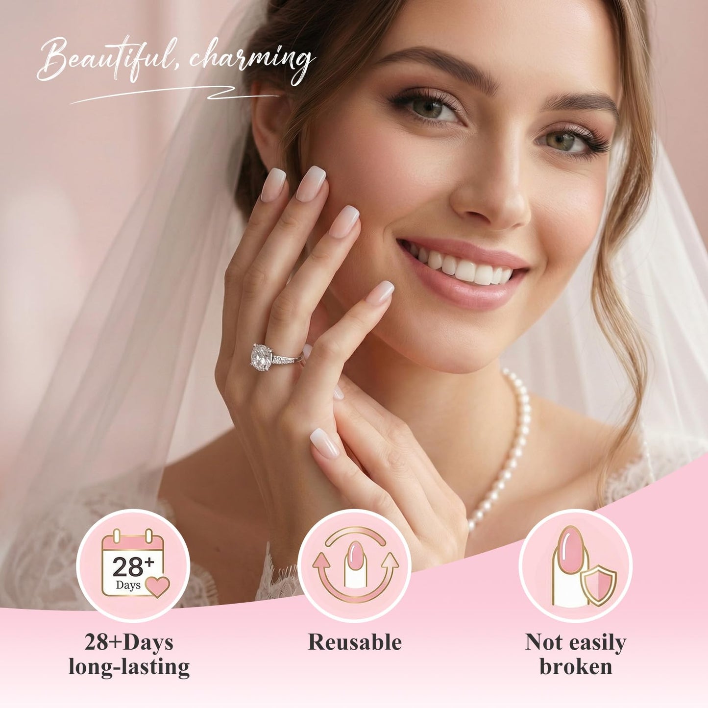 Bioday Ombre Press on Nails Short Square, Soft Gel Nude Pink Fake Nails Press on with Glue, 30Pcs Reusable Stick on Nails in 15 Sizes, Salon Quality False Nails for Women Spring Summer Vacation Gift