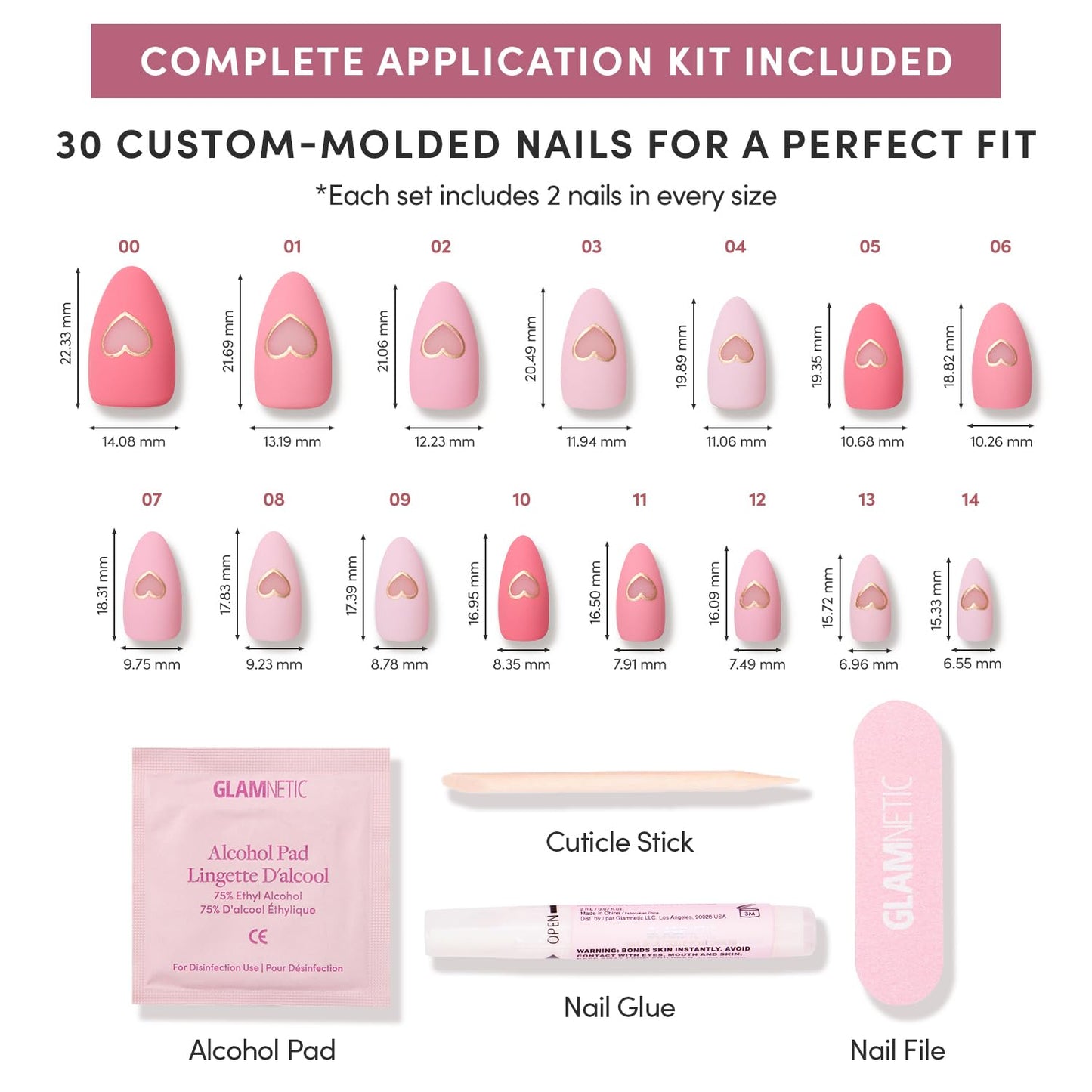 Glamnetic Press On Nails - Matte in Love | Short Almond Fake Nails in Mixed Pink Tones, Metallic Gold Heart in Matte Finish | 15 Sizes - 30 Nail Kit with Glue