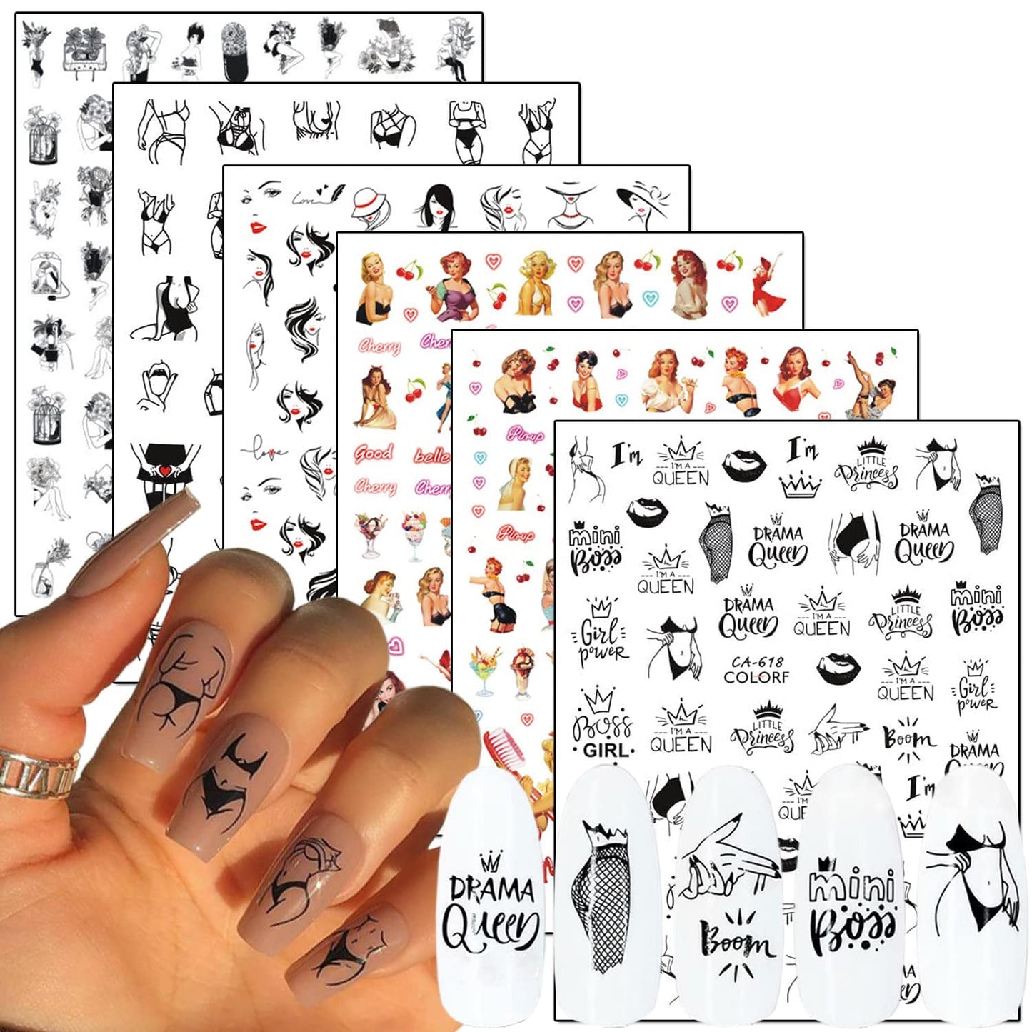 6 Sheets Sexy Girls Nail Stickers and 6 Sheets Dog Nail Stickers