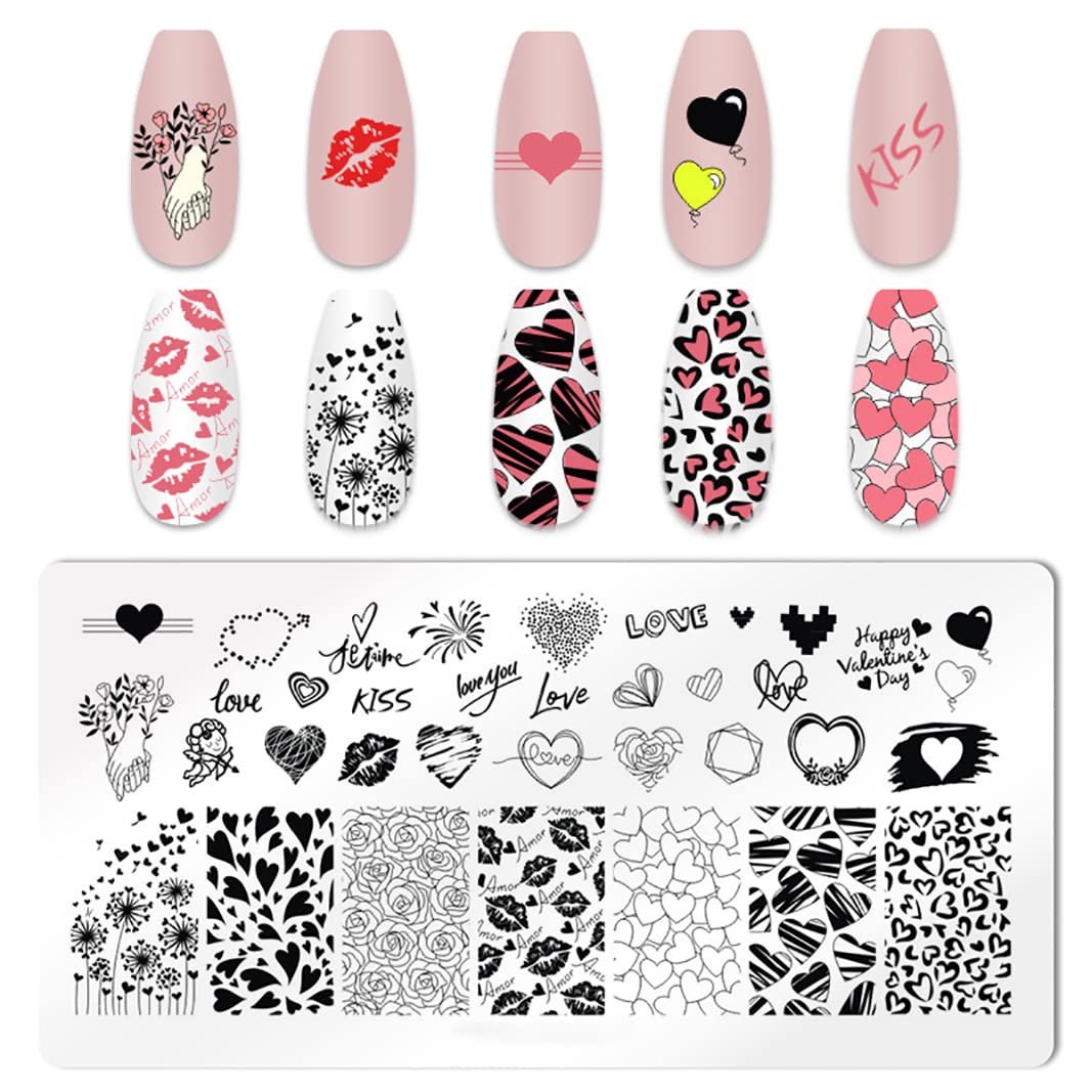 JERCLITY 6pcs Valentine's Day Love Heart Nail Stamping Plate Nail Stamping Kit for Nails Love Heart Image Plates Nail Art Design Nail Stamper Kit for Women