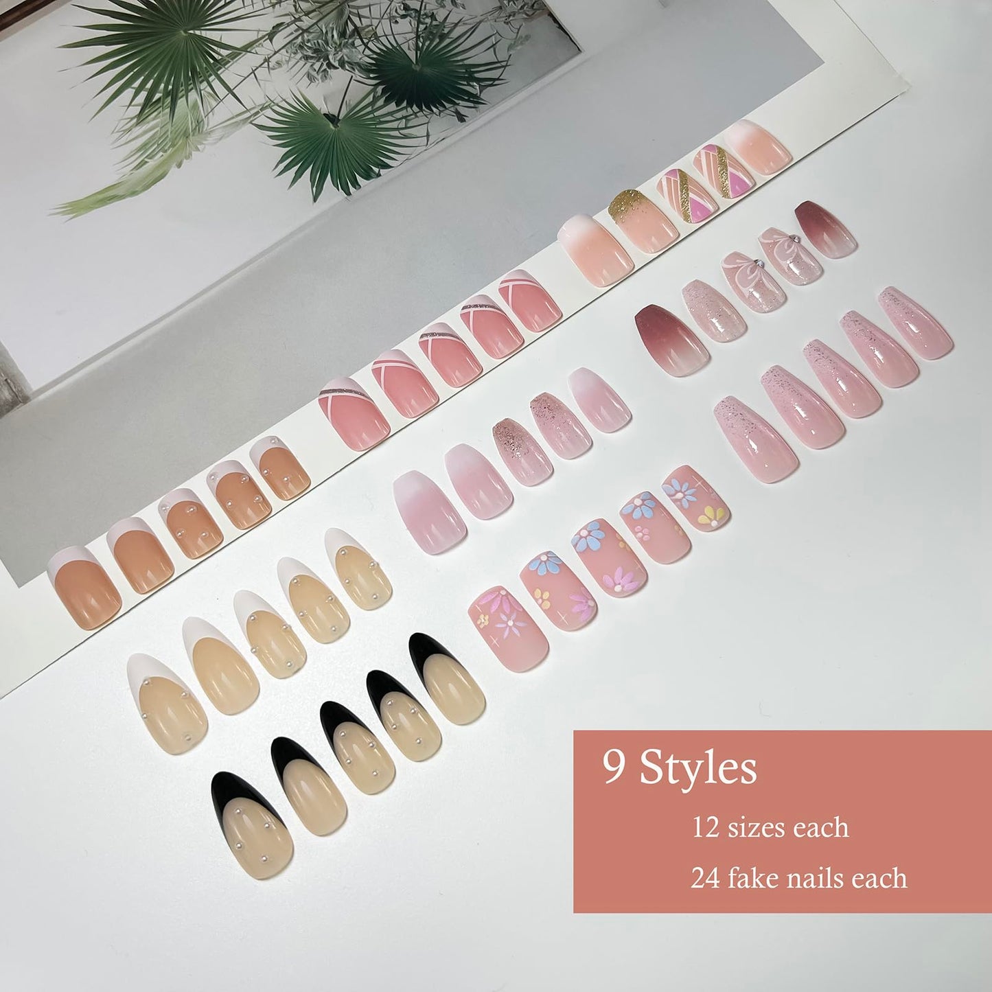 Jsiallye 216Pcs Pink Gradient Press On nails Short Square,9 Packs French Tip Press On Nails Almond,Fit Perfectly & Natural Reusable Stick on Nails in 24 Sizes