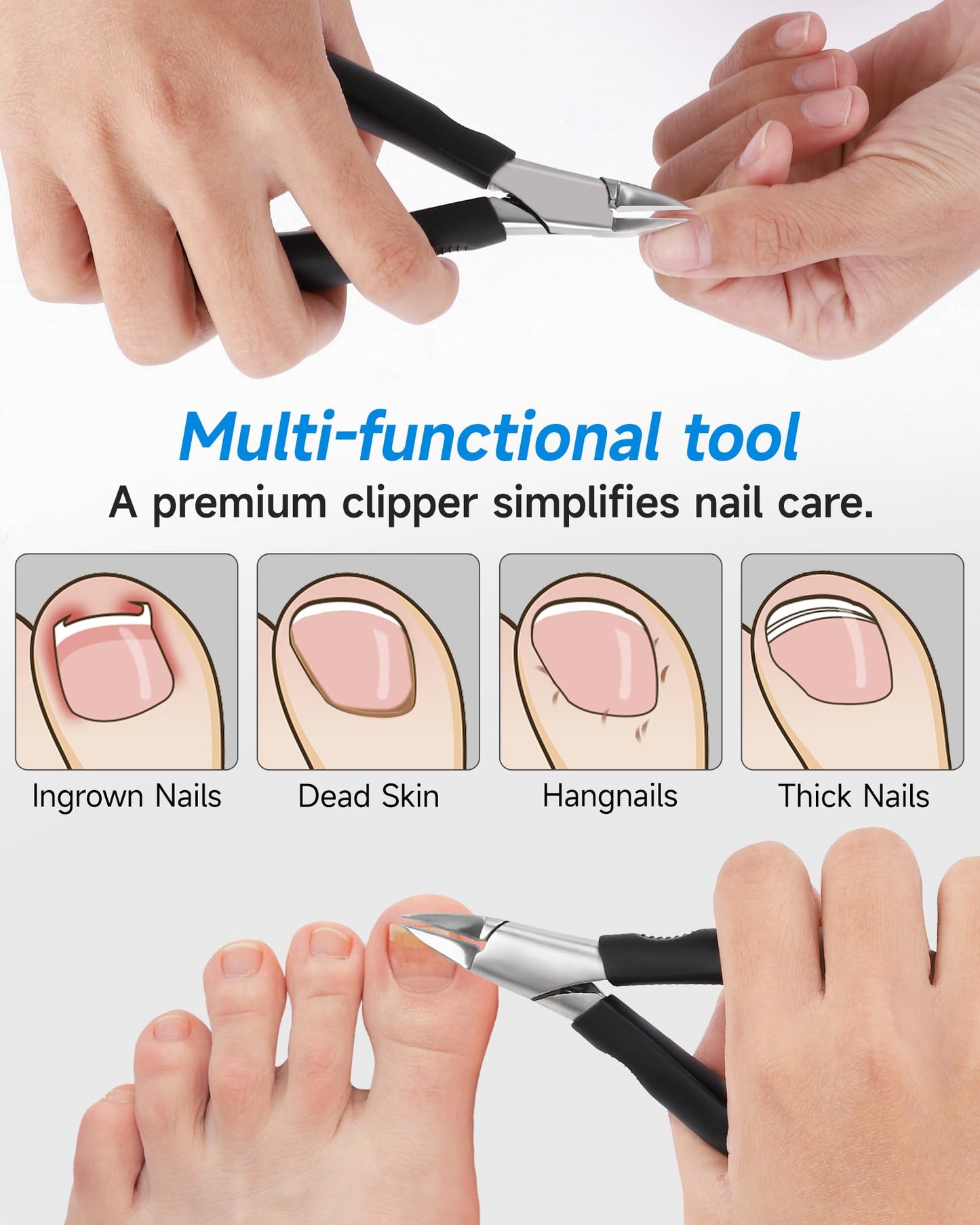 Tisojpod Nail Clippers,Toenail Clipper for Ingrown or Thick Toe Nails,Fingernail Clipper for Men Women Seniors with Stainless Steel Straight Blade Soft Handle Nail Cutter Black