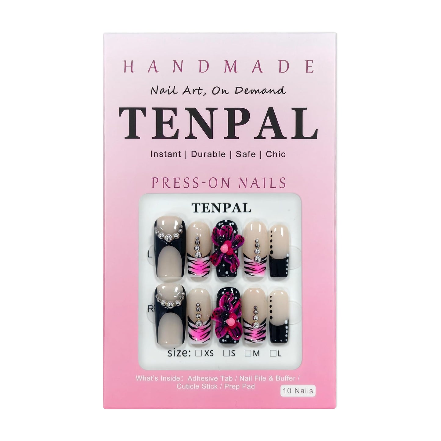 TENPAL Purple Leopard Print French Tip Handmade Press on Nails Medium Coffin 3D Steel Bead Hand Painted Sweet Sexy Reusable Salon Acrylic False Nails for Women Daily Wear 10PCS(L)