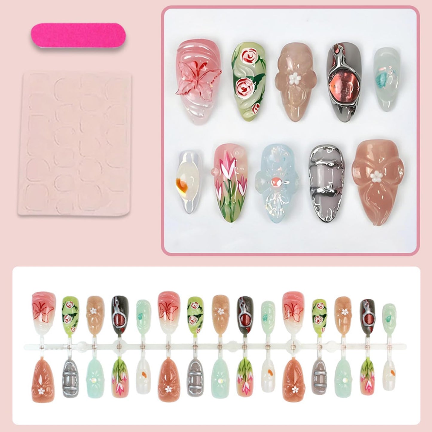 30Pcs Flower Press on Nails Medium Almond Fake Nails with 3D Rhinestone Designs Rose Tulip Floral False Nails Chrome Silver Glue on Nails Glossy Full Cover Cute Butterfly & Bow Acrylic Nail for Women