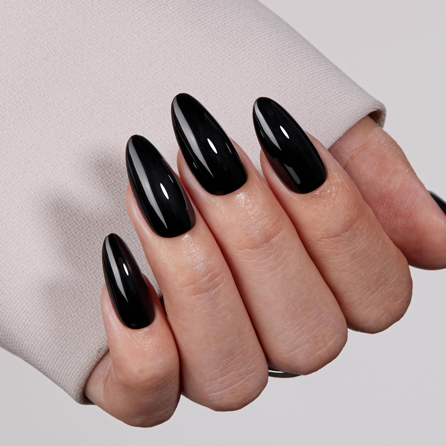 VSALON Almond Medium Press on Nails, Glossy Black Finish Clean Look Reusable False Nails, Salon Quality Gel Fake Nails Kit with Glue & Cuticle Oil - 32 pcs Nails in 16 Sizes