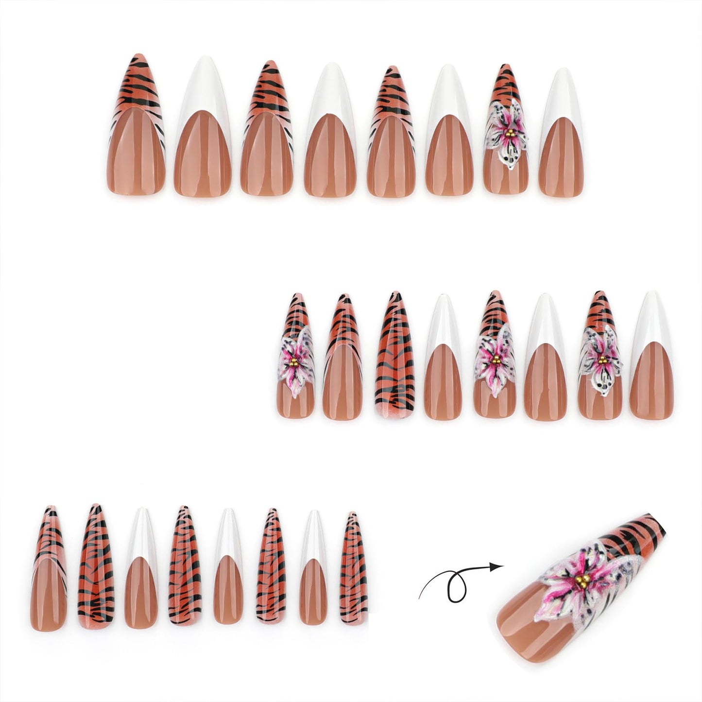 SINHOT Stiletto Press on Nails Long Fake Nails Glossy Glue on Nails Zebra Stripes Acrylic Nail 3D Flower Almond Artificial Nail White French Tip Stick on False Nail with Design 24 pcs