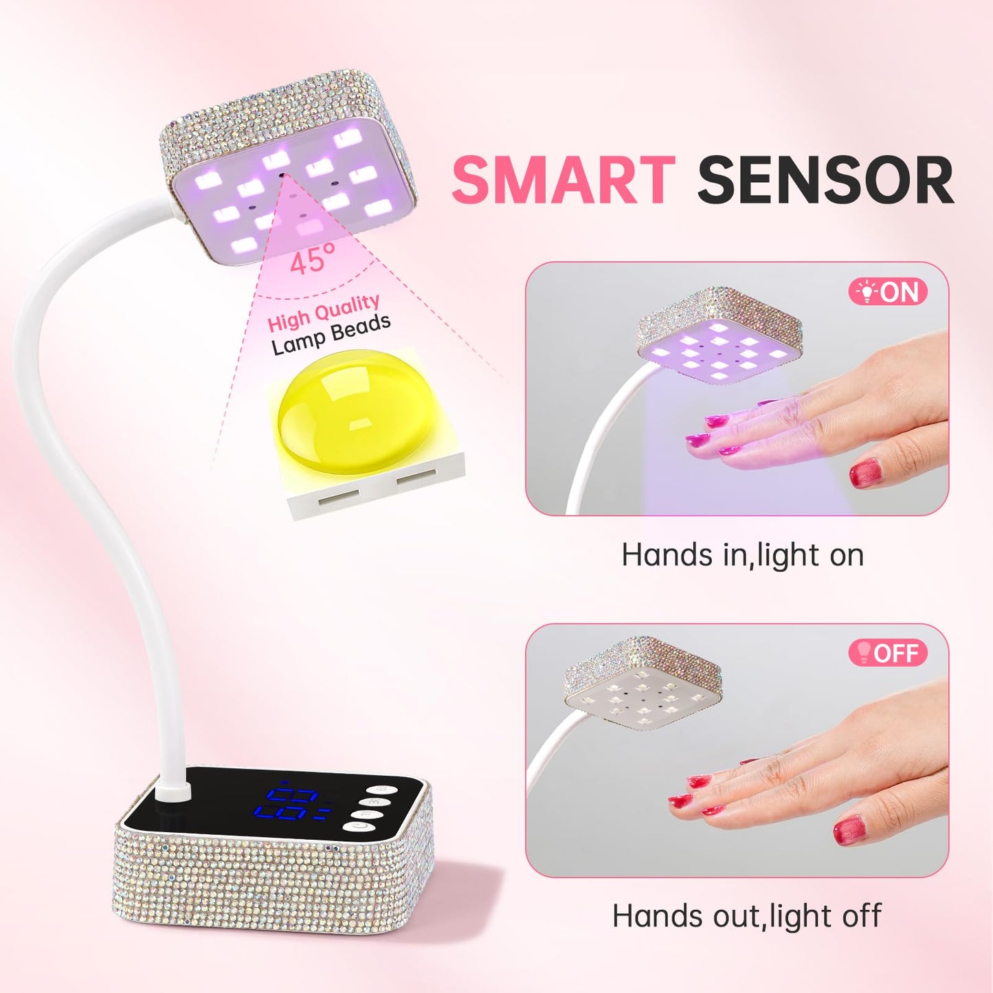 CHRISTINE SHELLY UV LED Nail Lamp, Mini UV Light for Gel Nails Polish, Rechargeable with 4 Timers, Nail Dryer, Quick Drying Cordless Goosenecks Home Nail Salon DIY Manicure (M9-White Diamond)