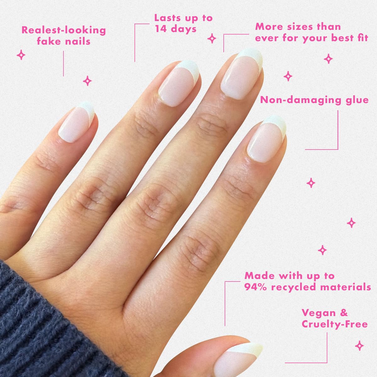 Olive & June Instant Mani Press-On Nails (Glue) | 42 Fake Nails, 21 Sizes | Non-Toxic Long-Lasting Recycled Materials Realistic Look | Salon-Quality at Home | Short, Round | Timeless French