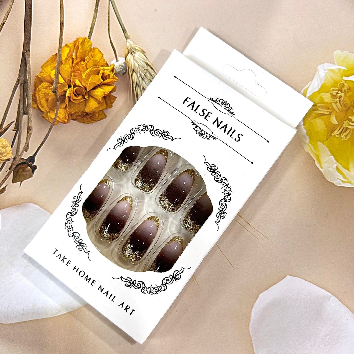 TBRZTR Brown Gradient Press on Nails Medium Almond Shaped Gold Glitter Powder Sequins Design Full Cover Press Ons False Nails Artificial Stick on Nail Acrylic Glossy Glue on Nails for Women 24Pcs