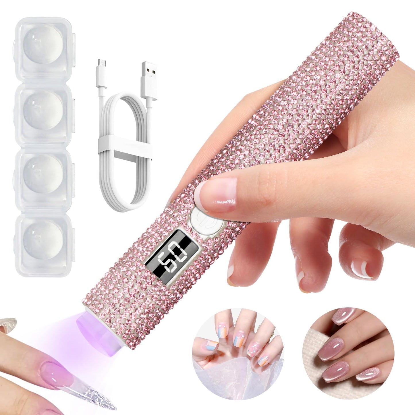 peccera Handheld UV Light for Gel Nails, Glitter UV Nail Lamp, Cordless Portable Mini Gel Nail Lamp for Fast Curing, Rechargeable LCD Polish Nail Dryer for DIY Manicure Decor - Pink Diamond