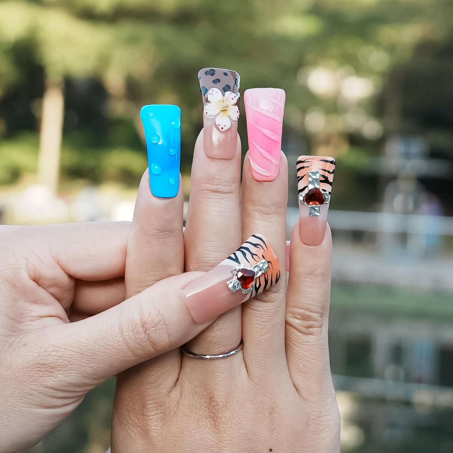 Tesytto Long Duck Press-On Nails Handmade, Colorful Blue Pink Acrylic Fake Nails with 3D Charms, Brown Tiger Stripe & Flower Design, Multi-Layer Full Cover False Nails (Tame the Wild Heart, S)
