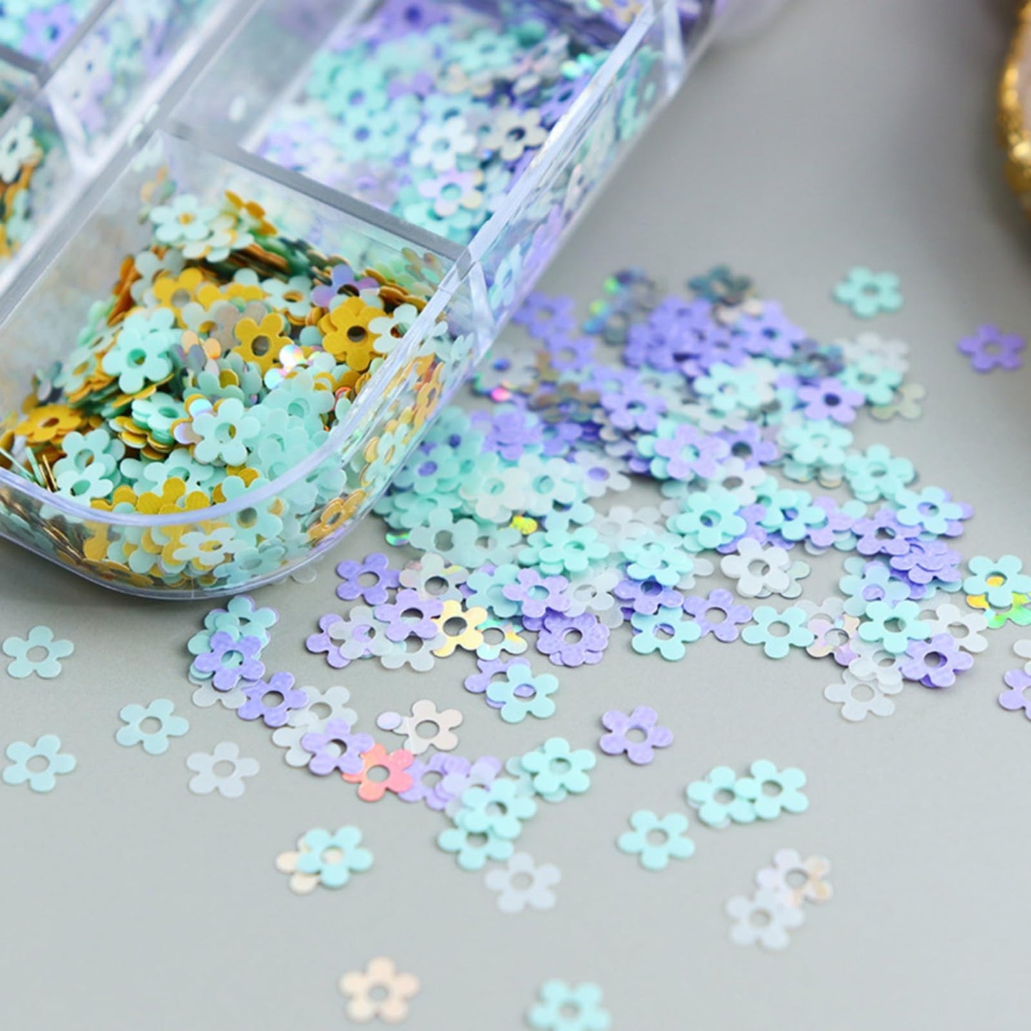 1 Box 6 Color Holographic Flower Nail Glitter Small Floral Nail Sequins 3D Pink Gold Nail Flakes Spring Glitter Flakes Shiny Nail Sequins Glitter for Women Manicure Art 12 Grids
