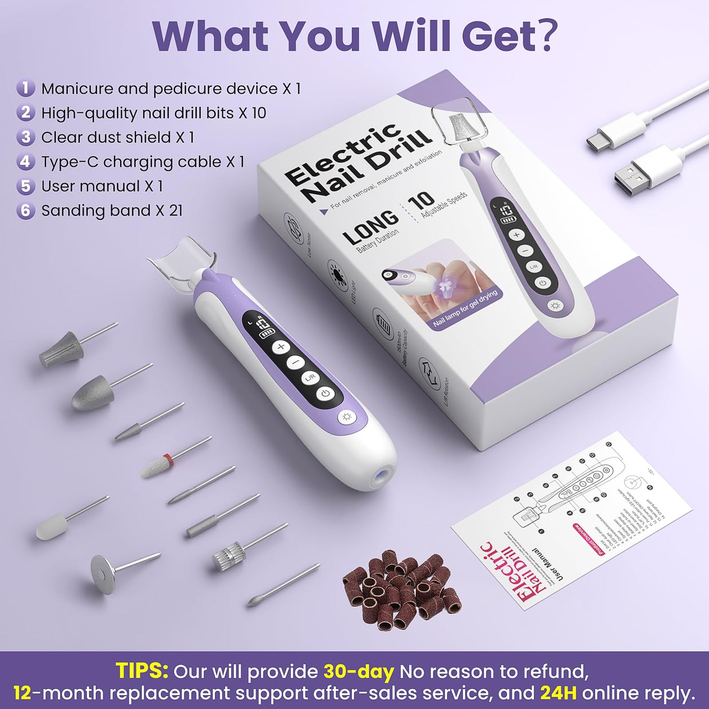 Nail Drill, Electric Nail File & 10-Speed Cordless Nail File, 10 in 1 Kit for Thick Toenails, 2000mAh Rechargeable Portable Manicure Pedicure Kit with LED Display Ideal Gift for Men & Women(Purple)