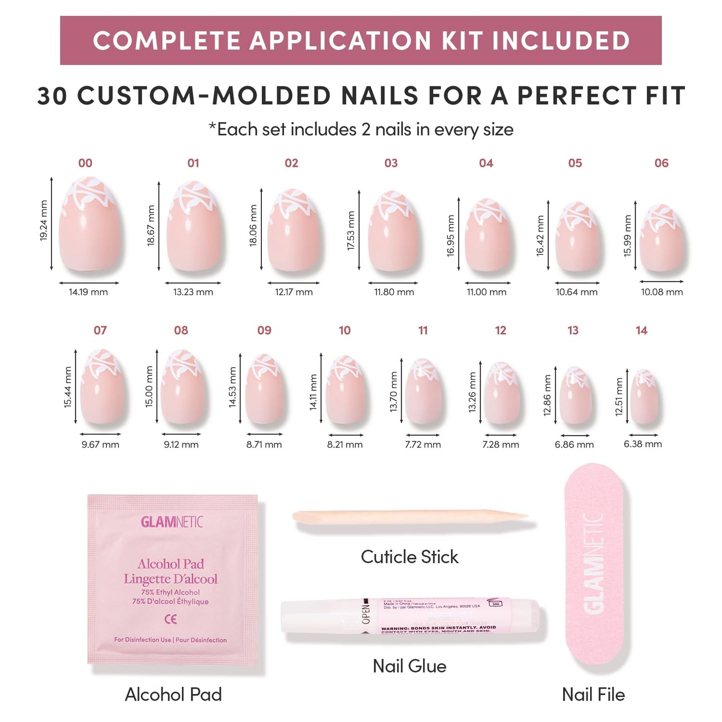 Glamnetic Press On Nails - Love Preserved Spring Nails | Short Oval Fake Nails in Semi-Transparent Base with White Floral Tips in a Glossy Finish | 15 Sizes - 30 Nail Kit with Glue