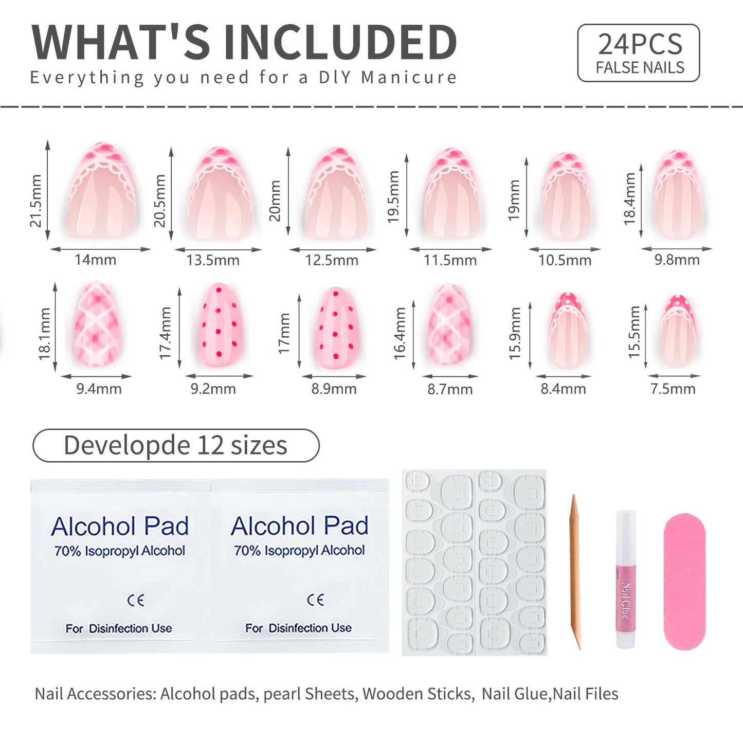 Mivota Short Almond Press On Nails Pink Acrylic Fake Nails French Tip with Gingham Plaid, Polka Dot Design, Glossy Cute Stick On Nails for Women Girls Daily Wear Date Party Manicure 24PCS
