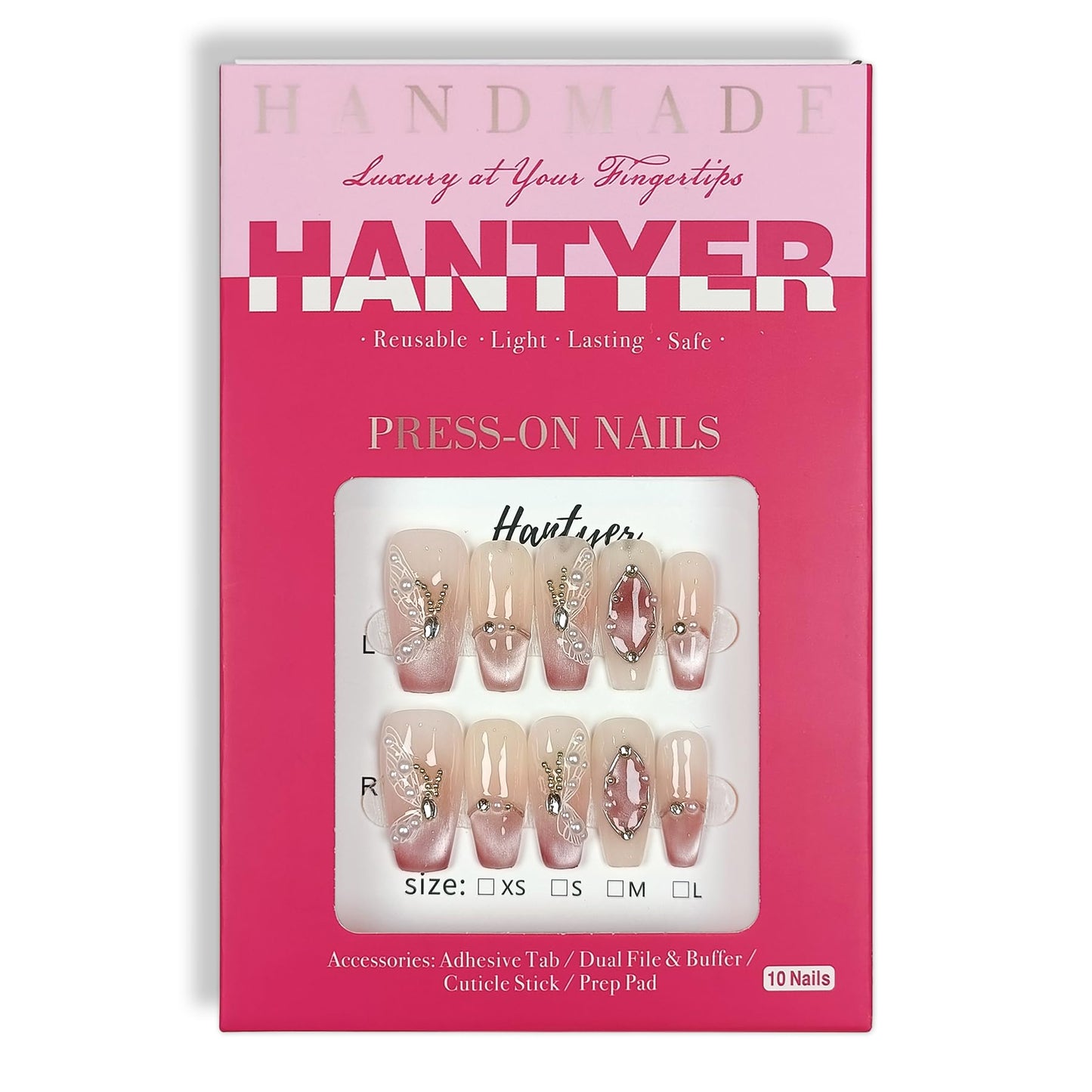 Hantyer Press on Nails Medium Coffin False Nails with Butterfly Design, White Rhinestones & Pearls, Pink Gradient Glossy Cat Eye, Handmade Tips with Tool Kit Salon Nails Sweet Style for Women(Size M)