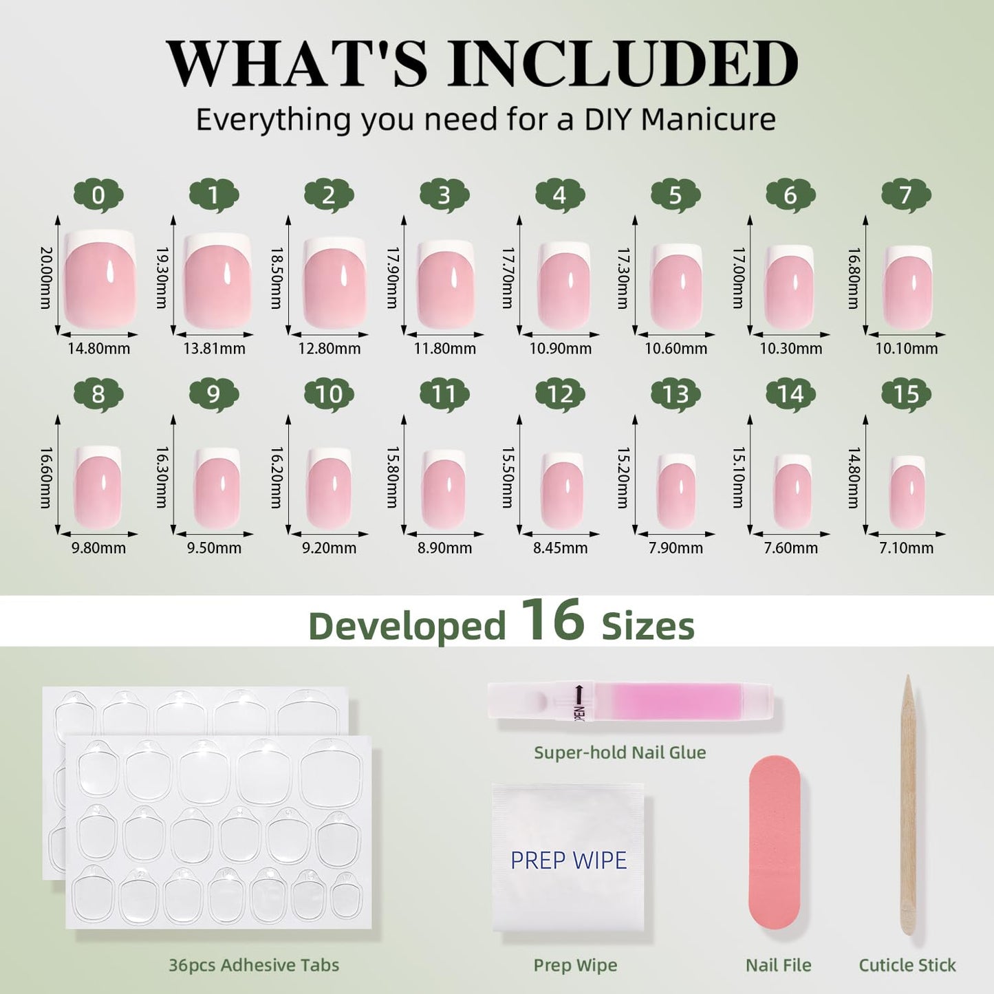 White French Tip Press On Nails - Pink Short Square Fake Nails, Square White Press On Nails Reusable Stick On Nails in 16 Sizes, 32pcs False Nail Kit for Women & Girls (Pink White French)