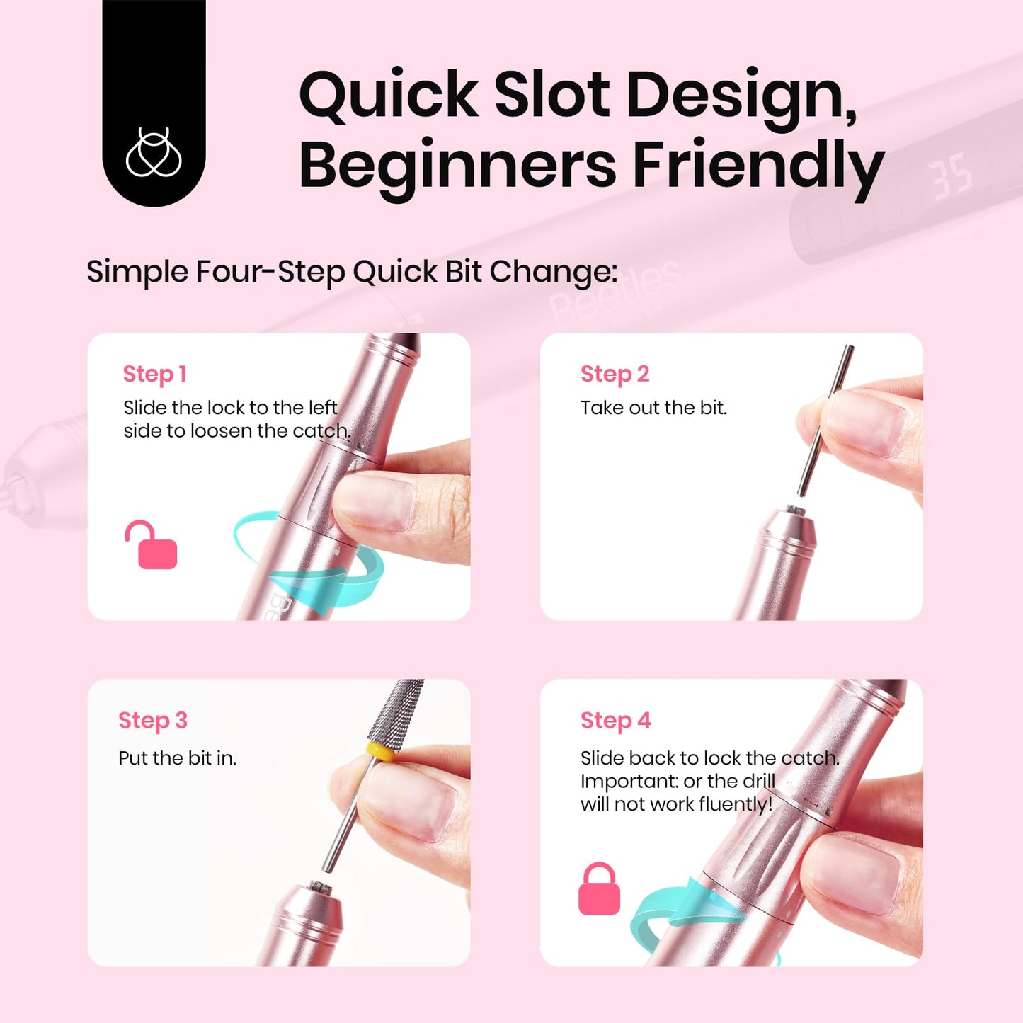 Beetles Electric Nail Drill Cordless, 35 Adjustable Speeds Portable Nail Drill Rose Gold Long Battery Life Polishing Set Professional Nails Machine Kit Manicure Pedicure Tools for Home Salon Use