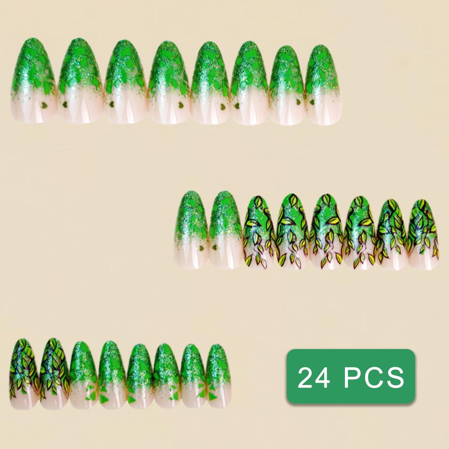 Green Plant Gradient Press on Nails Medium Almond Fake Nails Glitter Gradient False Nail Design Green Leaves Glossy Acrylic Nails for Women Girls DIY Manicure Decoration 24Pcs