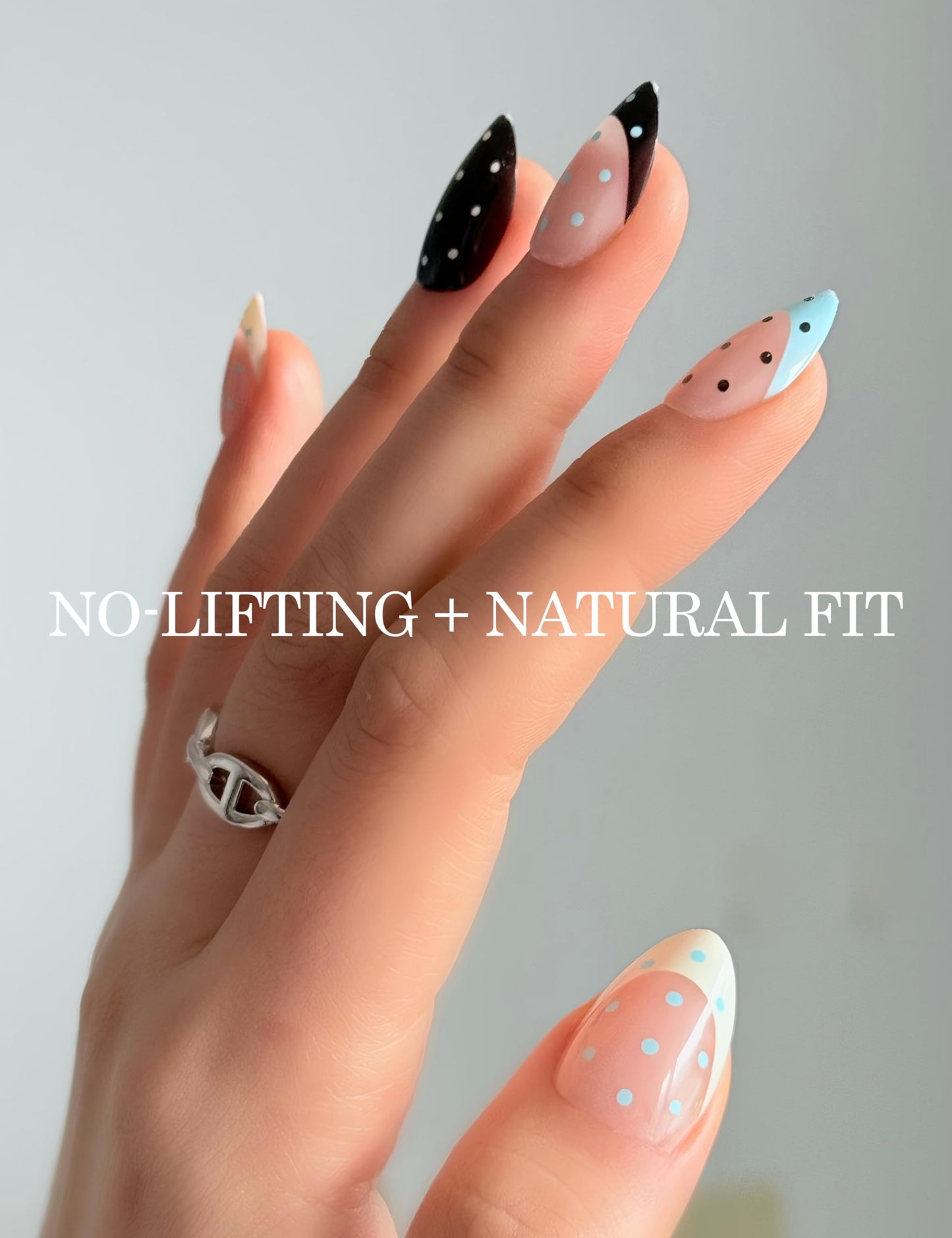French Polka Dot Press On Nails, Medium Almond Shape, Black White Blue Colors, Waterproof Long Lasting, with Strong Glue & Adhesive Tabs, 24Pcs 12 Sizes, All-in-One Manicure Kit for Women by Nailinism