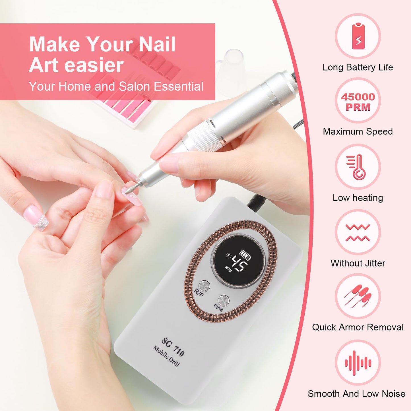 Nail Drill Machine Electric 45000RPM Rechargeable Portable Nail Drill Kit DIY Nail File Electric with Smart LCD Screen for Gel Nail Manicure and Pedicure Reflective Body etc(White)