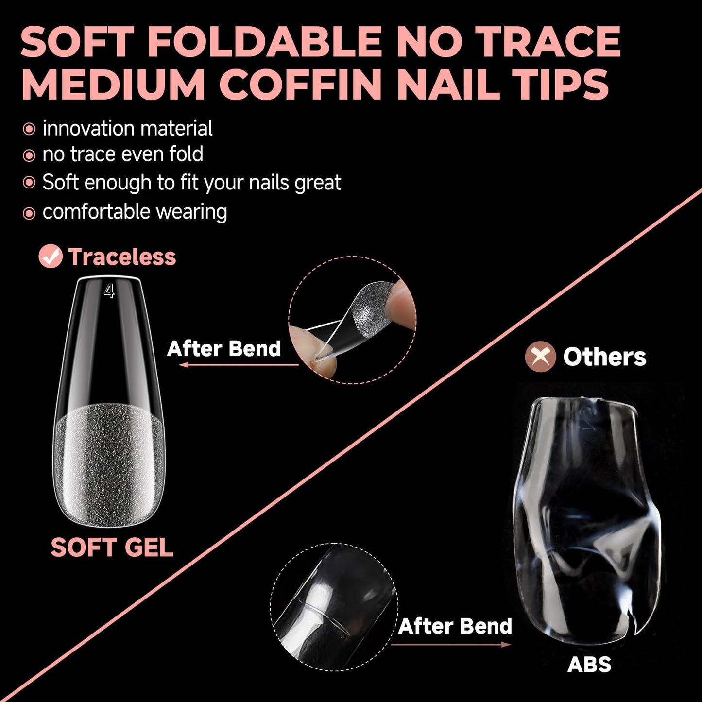 UNA GELLA Coffin Nails Tips 504pcs 12 Sizes, Soft Gel Nail Tips Acrylic Full Cover Pre-buffed Medium Coffin Press On Fake Nails For False Nails Extension Home DIY Salon Gifts for Women and Girls