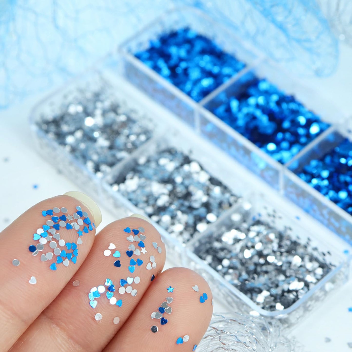 Summer Nail Glitters 6-Grid 1mm Mini Blue Silver Nail Glitter Flake Kit, Mini Mixed Glitter Mail Art, 3D Holographic Sparkly Heart Star Round Design Nail Sequins Paillette for Women Manicure DIY Decor