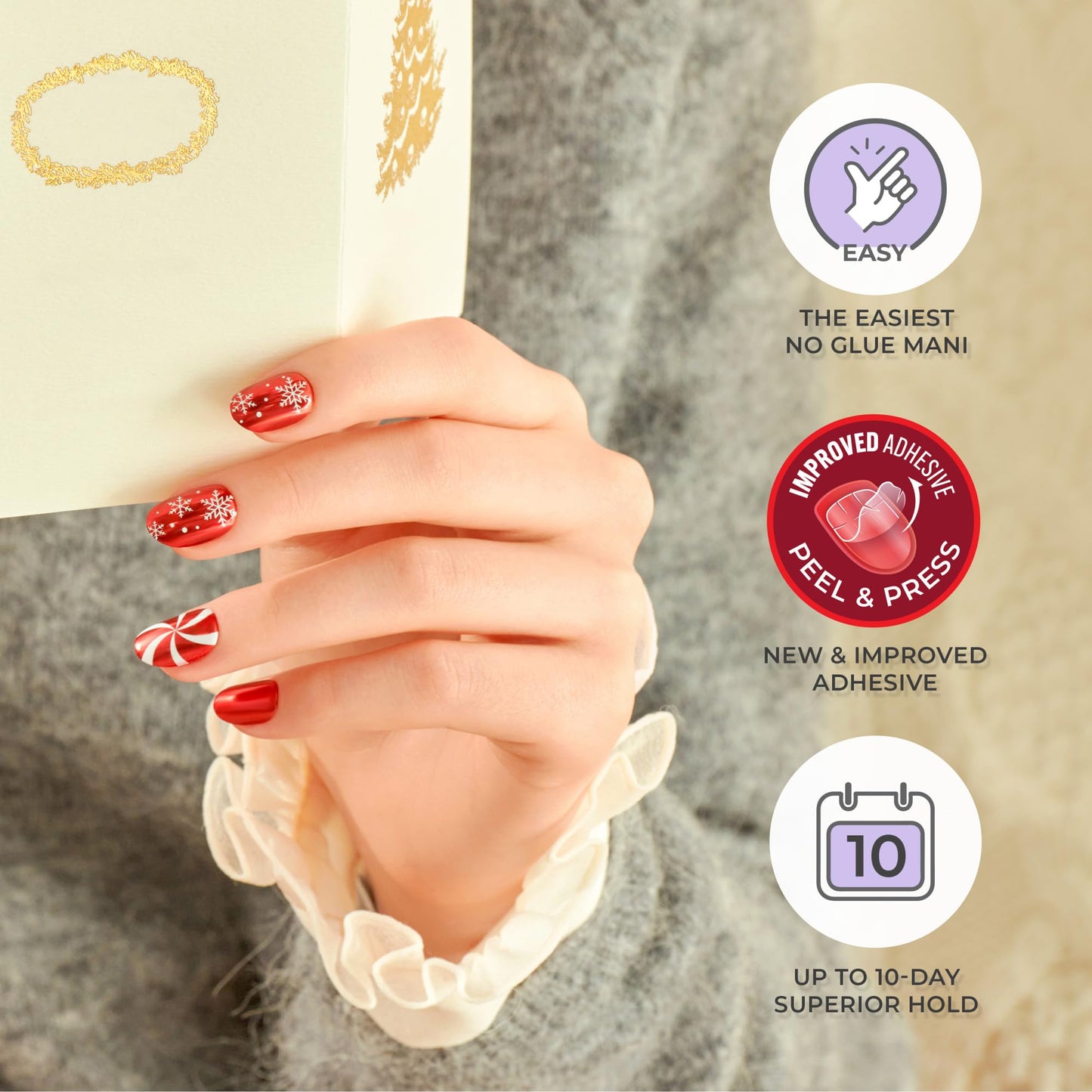 KISS imPRESS Holiday Press On Nails, ‘Santa Baby’, Red, Short Squoval, Improved Super Hold Adhesive, 30 Fake Nails, Prep Pad, Mini Nail File, & Manicure Stick