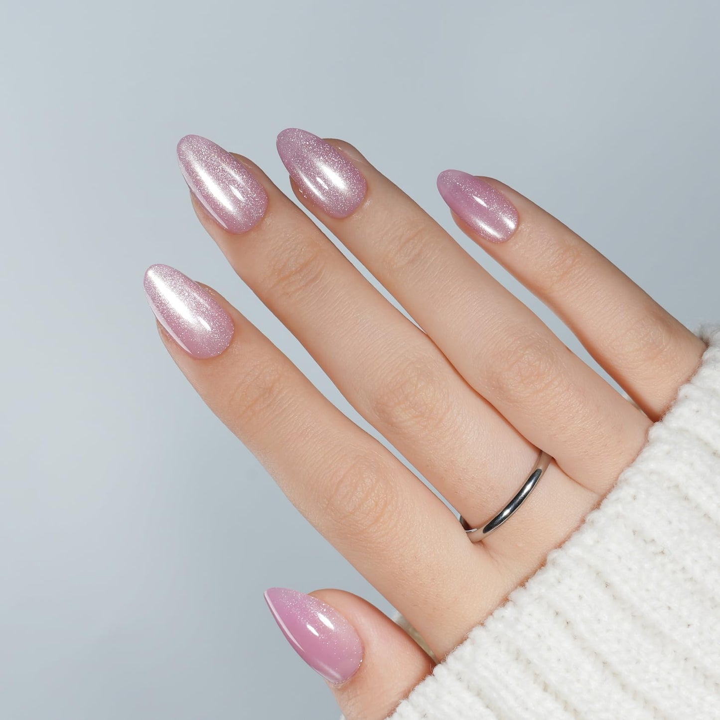 Pink Cat Eye Press On Nails Almond - Short Almond Fake Nails with Nail Glue, Pink Cateye Press On Nails Reusable Stick On Nails in 16 Sizes 32 Nail Kit for Women & Girls | Salon Quality