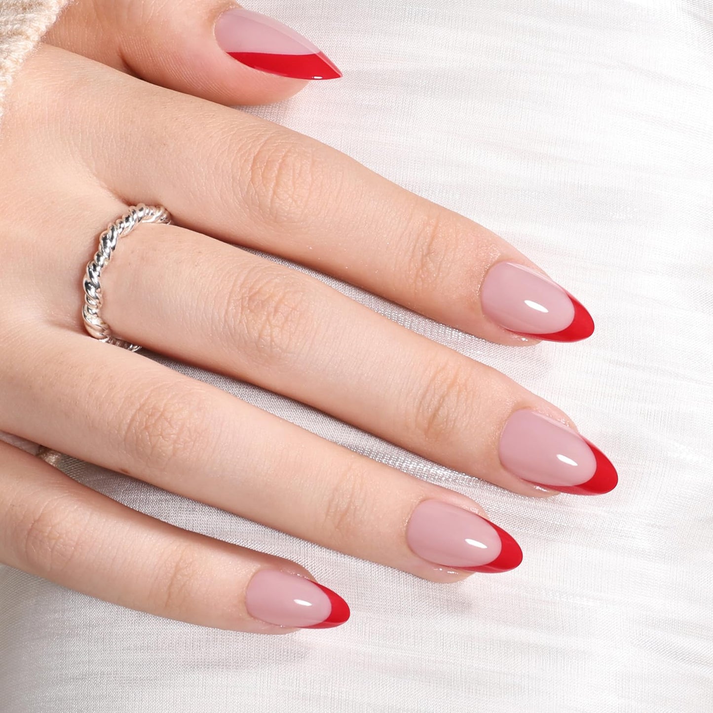 Red French Tip Press On Nails - Short Almond Fake Nails, Reusable Fake Nails with Glue, French Tip Design for Women 32 Pieces 16 Sizes
