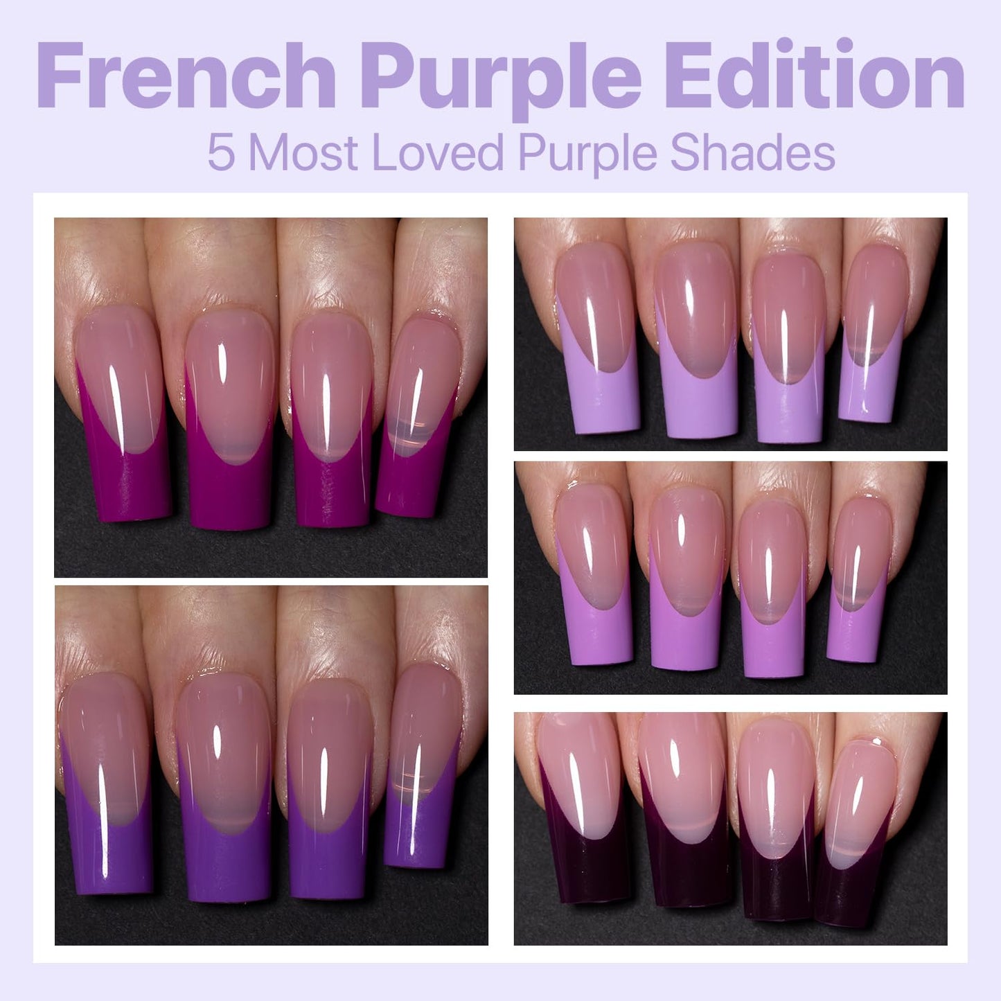 SXC Cosmetics French Tip Press On Nails 150 Pieces in 15 Sizes Ultra Fit with Pre-applied Tip Primer and Base Coat, No Need to File Fake Nails for Nail Art DIY X-Pro Tips (5PURPLE117-M Square)