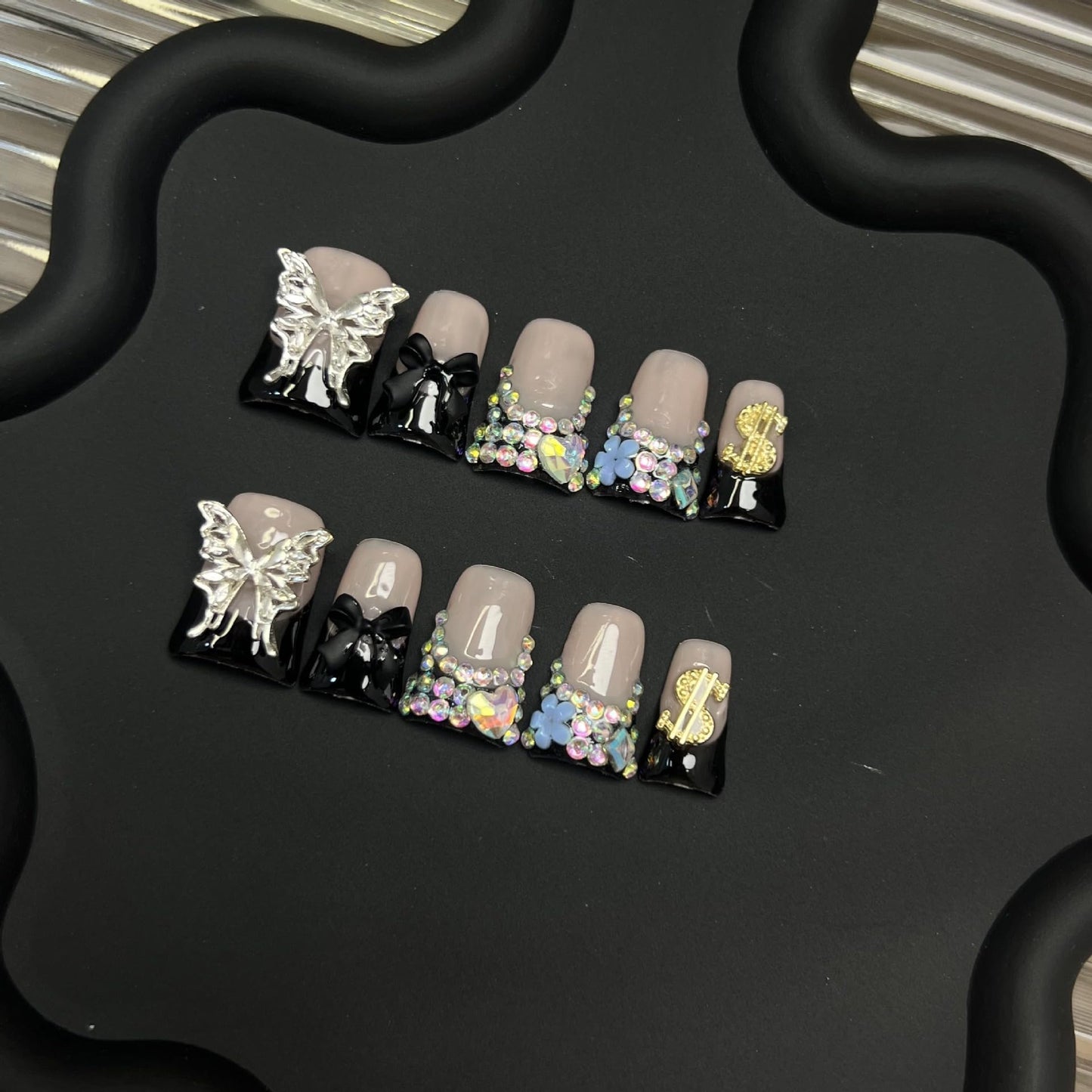10pcs Handmade Press on Nails for Women - Medium Duck Curve 3D Thick Acrylic Fake Nails Reusable,Designer Floral Butterfly Rhinestones Bling Boho Funky Y2k Nail-art Set,M,black
