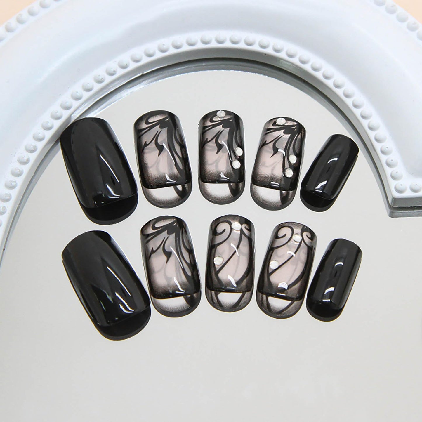 Short Press on Nails Square Fake Nails Black French Tip Acrylic False Nails with Dark Vines Design Full Cover Glue on Nail Glossy Nails Press ons Short Stick on Nail for Women 24Pcs