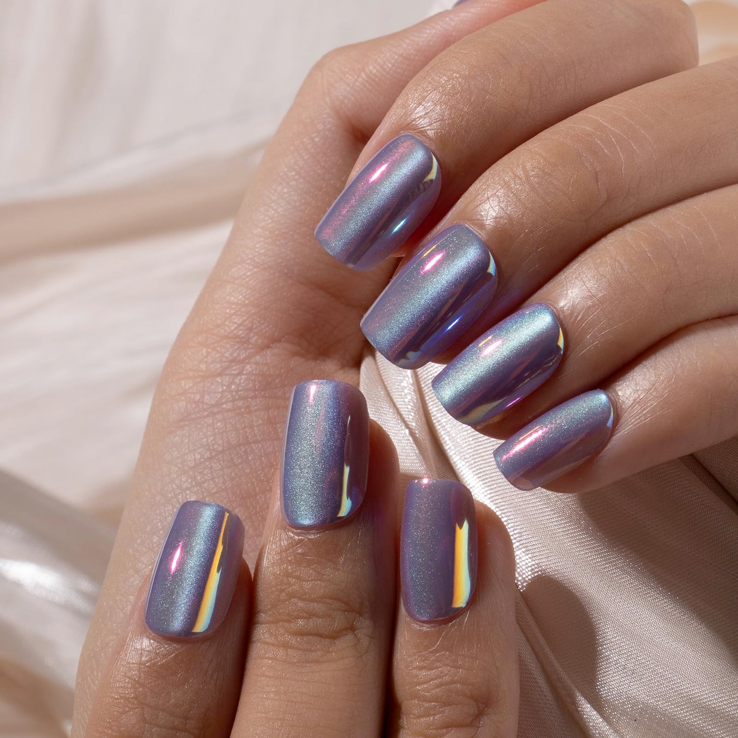 Curvlife 30pcs Soft Gel Press on Nails, Purple Chrome Cat Eye Fake Nail with Apricot Design, Full Cover False Nails Tips Glossy Nude Glue on Nails Artificial Stick on Nails for Women