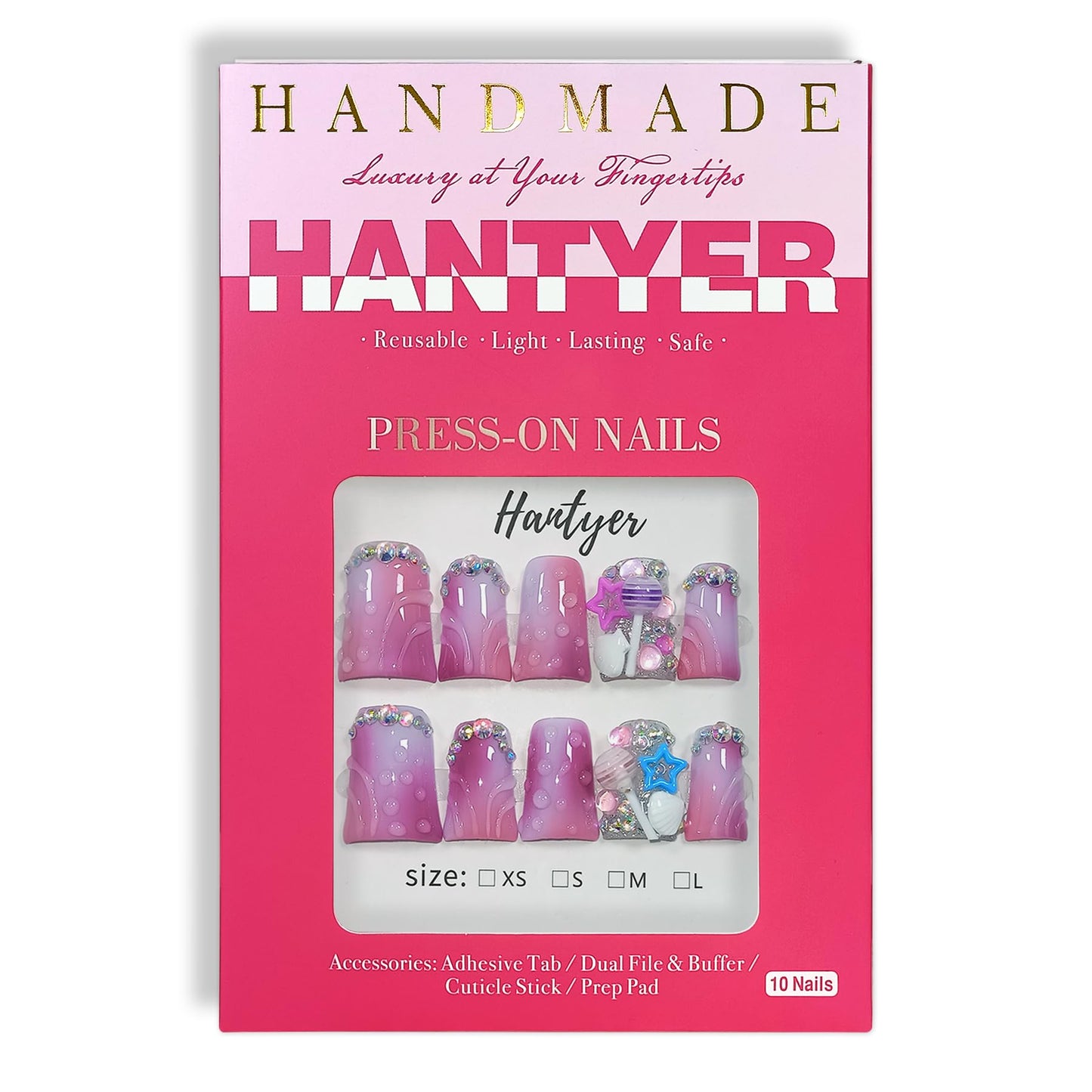 Hantyer 10pcs Short Duck Nails, Pink Ombre Press on Nails with 3D Ripple, Lollipop & Star Charms, Glossy Cute Fake Nails, Reusable Sweet False Nails for Women Birthday Party Carnival Full Set (Size M)