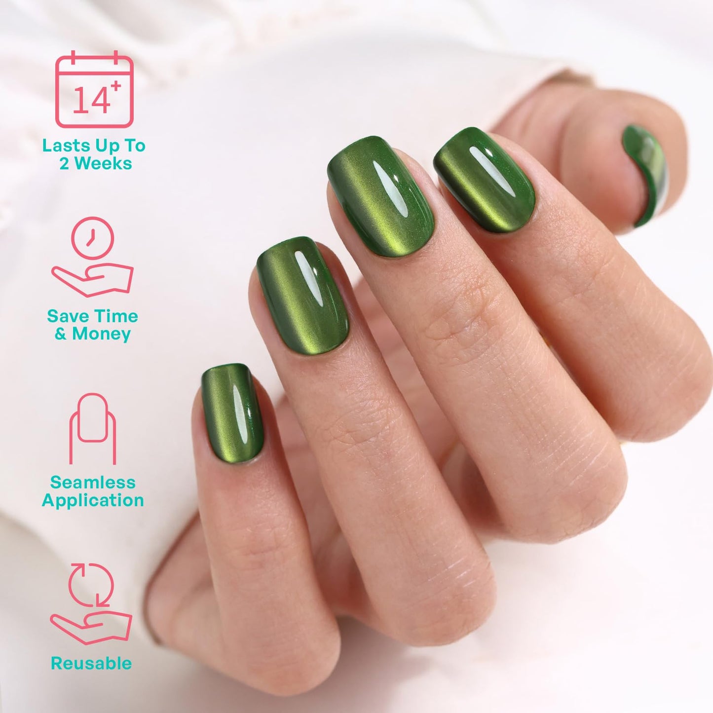 Cat Eye Press on Nails Green - GJZEZ Soft Gel Glossy Glass Cateye Square Magnetic Fake Nail Press ons, Elegant St. Patrick's Day Press On Nails for Women | 16 Sizes - 32 pcs Reusable Nail, Emerald