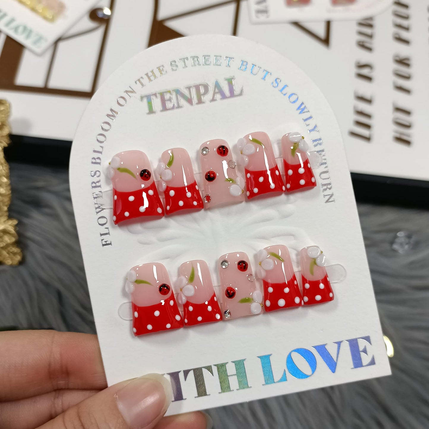 Duckbill Press on Nails - Red French with White Polka Dots & Glass Beads | Glossy Handmade False Nails | Kawaii Cherry Style for Spring(S)