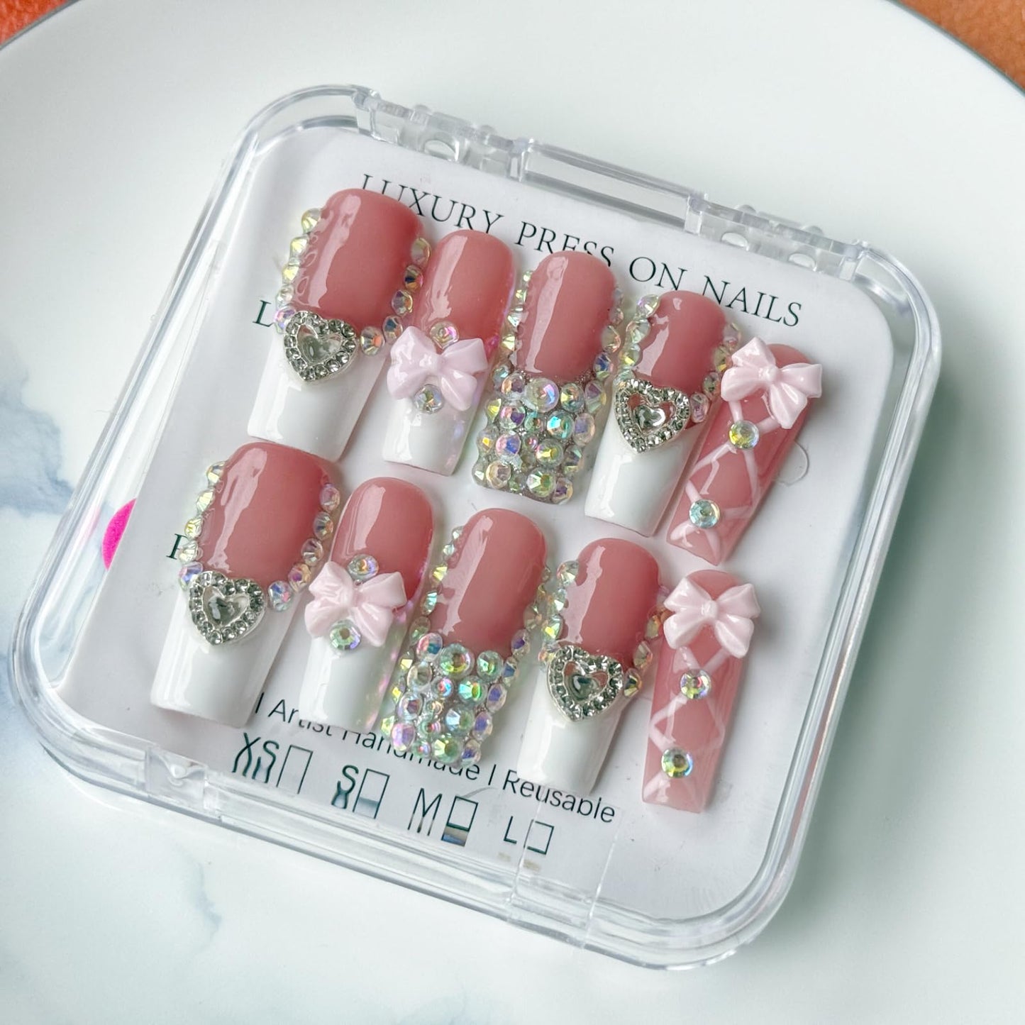 Haozerart Luxury Fake Nails Long quare Shape White French Tip, Handmade Press On Nails with Bows & Heart Rhinestones Design, Salon Quality Reusable Nail Kit for Women, 10Pcs Size M