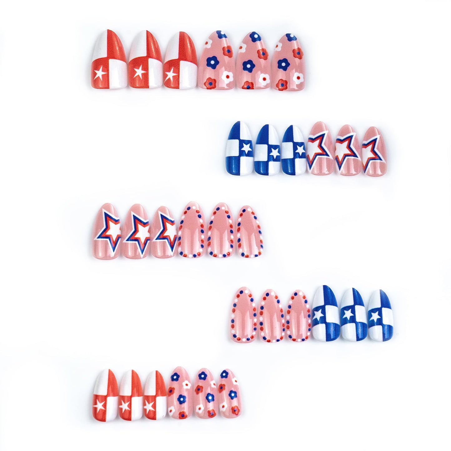 Independence Day Press on Nails Medium Almond Fake Nails Red White Blue Plaid Full Cover False Nails Press ons Glossy Star Patriotic Nails 4th of July Glue on Nails for Women Manicure 24Pcs