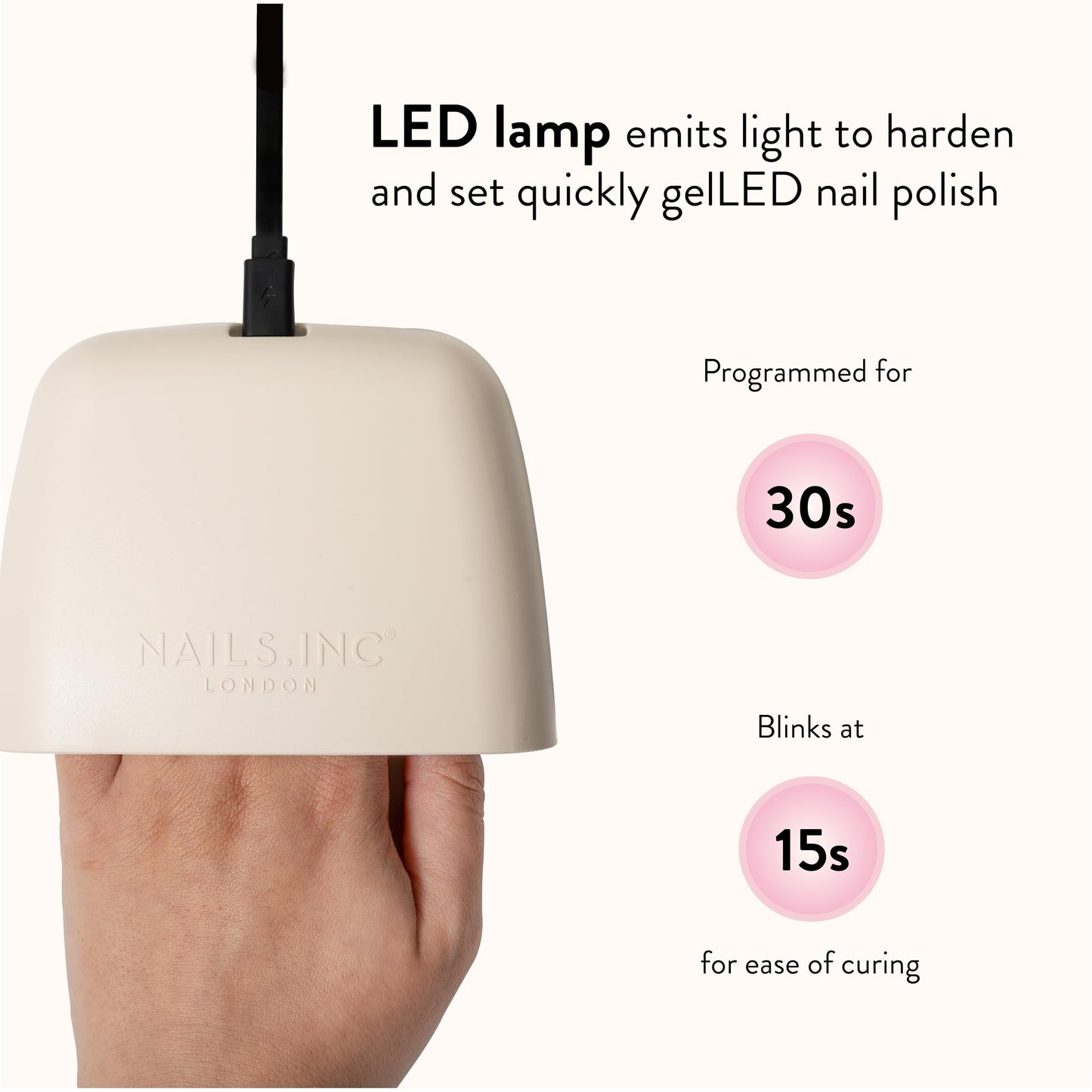 Nails Inc GelLED Portable LED Lamp, Cures in 30 Seconds, Nail Dryer for DIY Gel Nails, Easy Flash Cure Lamp, Automatic Sensor, Plug in USB Nail Light for Beginners, 5W, 1 Count