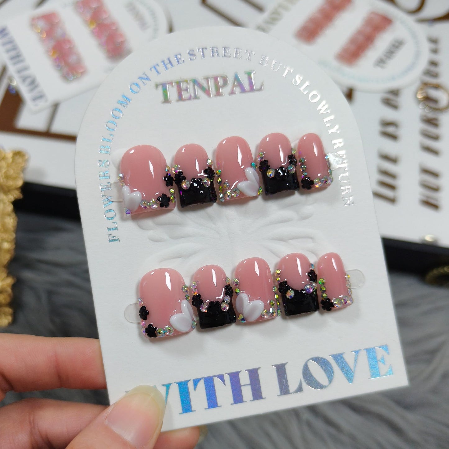 TENPAL Short Squoval Square Press on Nails - Nude Pink French Ombre Black White with Glitter Carving Florals| Icy Glossy Sweet Edge Style False Nails(M)