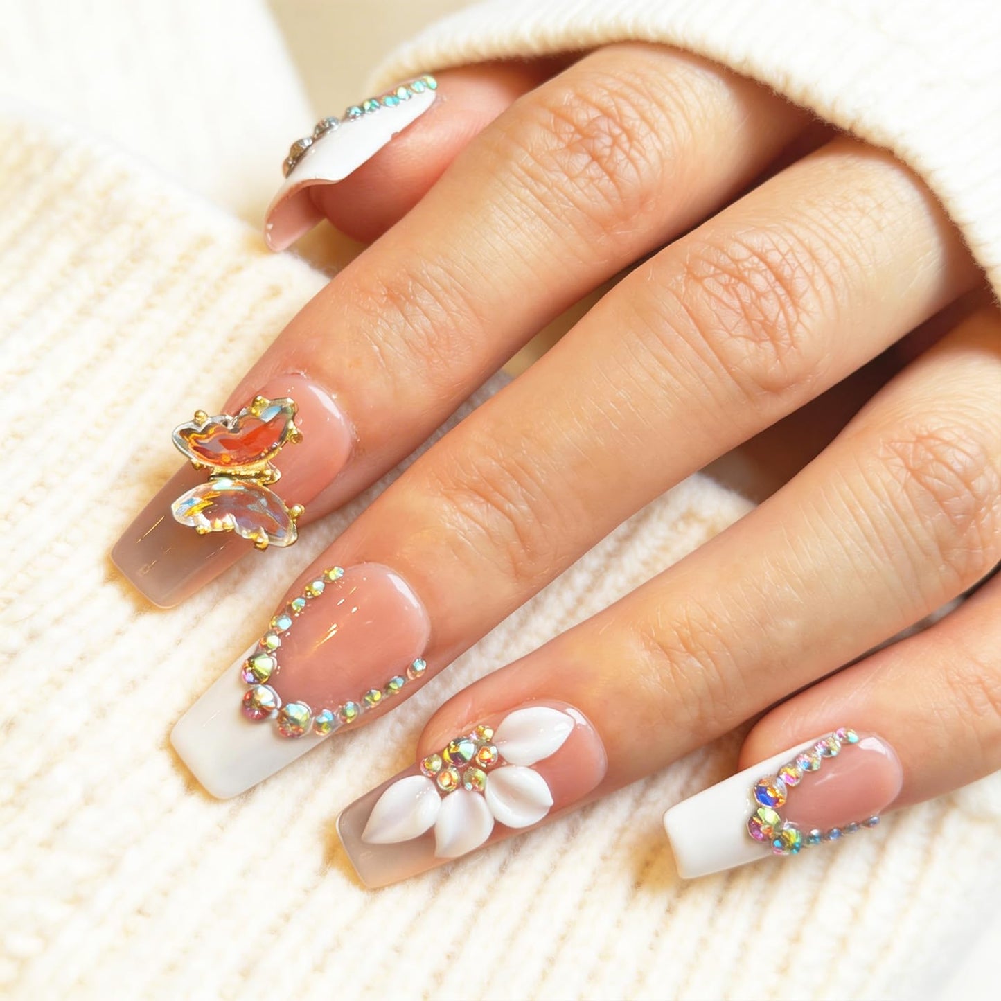 Handmade Press On Nails, 3D Flower & Butterfly White French Tip Fake Nails with Rhinestones, Reusable Acrylic False Nails Medium Length Square Press on Nails (S-10Pcs)