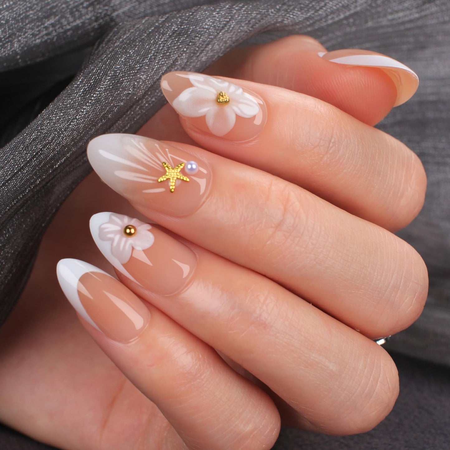 Mivota White Flower Press On Nails short, 24pcs Almond French Fake Nails with 3D Floral Design, Pearl & Starfish Decor, Glossy Nude Acrylic Stick On Nails Kit for Women Girls Manicure